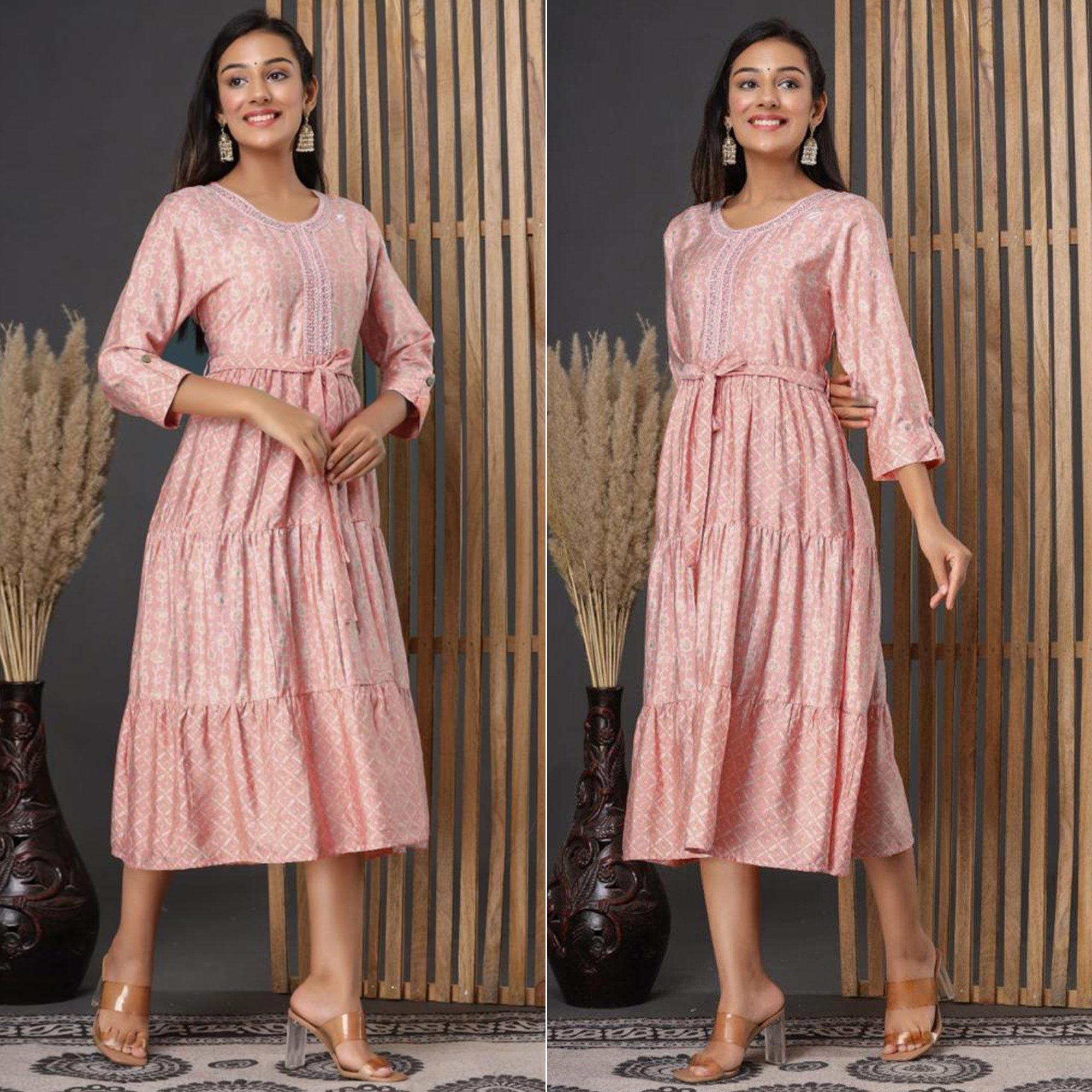 Pink Printed Cotton Silk Dress - Peachmode