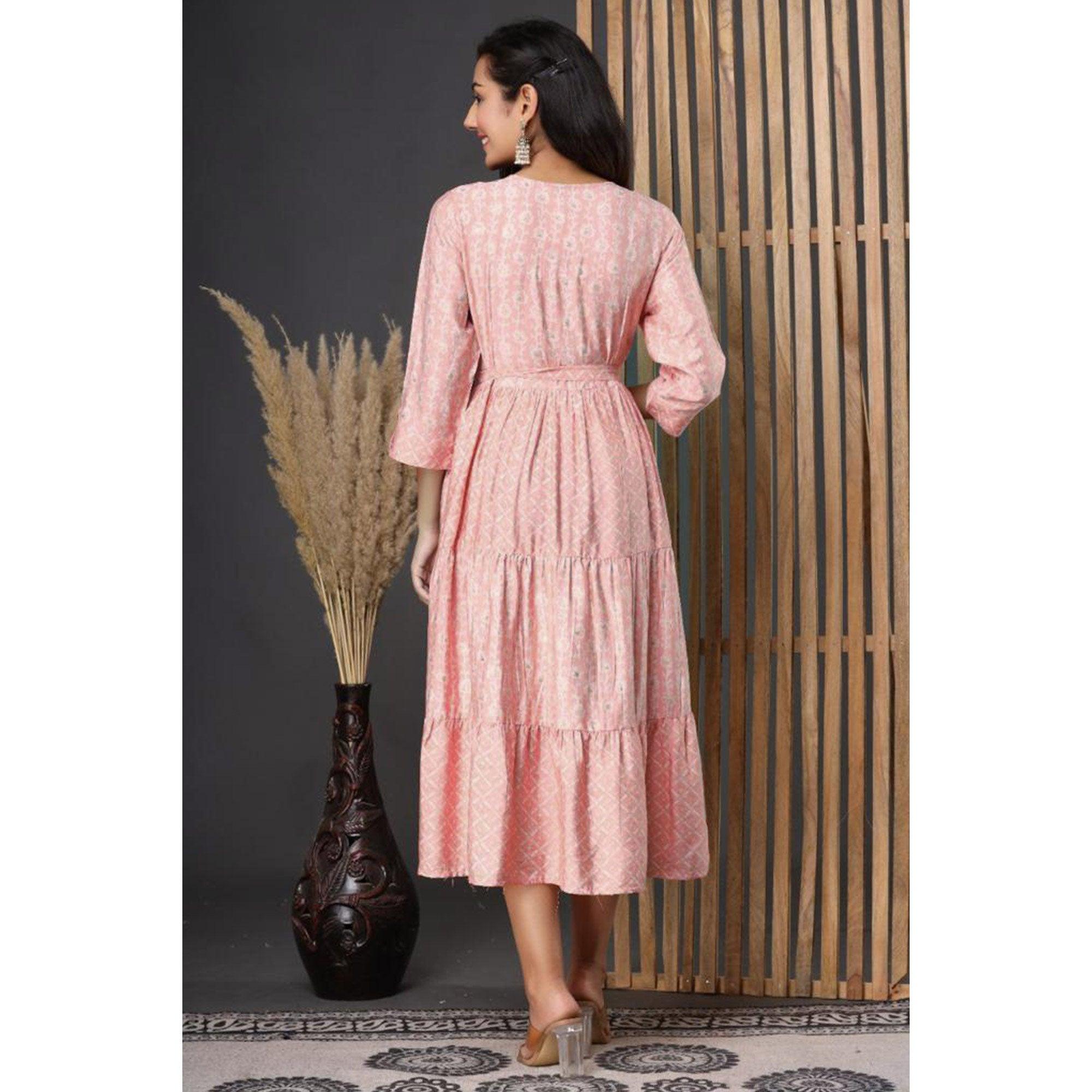 Pink Printed Cotton Silk Dress - Peachmode