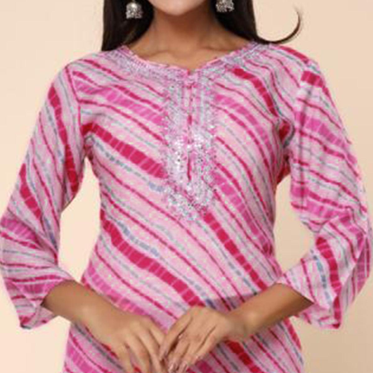 Pink Printed Cotton Silk Kurti Pant Set With Dupatta - Peachmode