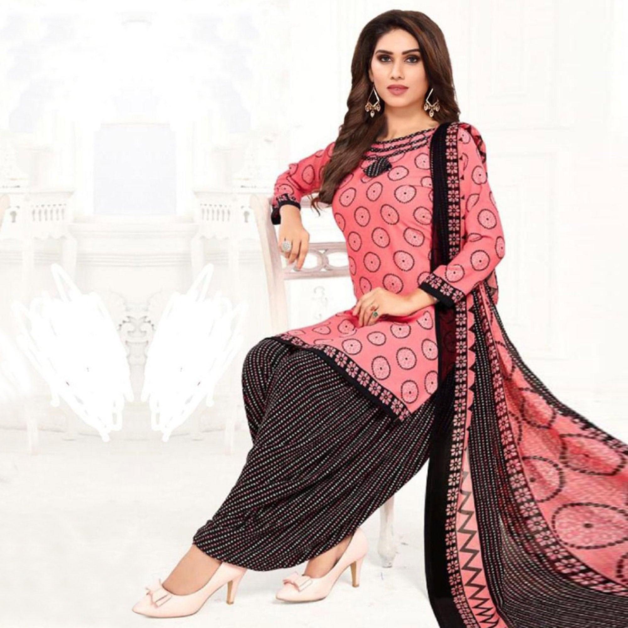 Pink Printed Crepe Patiala Dress Material - Peachmode
