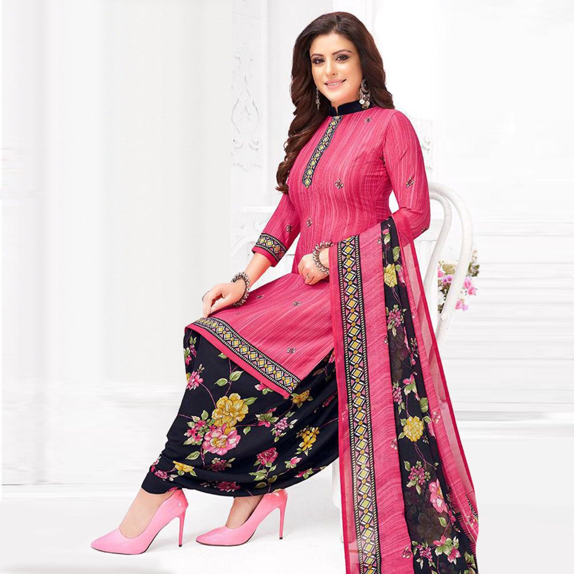 Pink Printed Crepe Patiala Dress Material - Peachmode