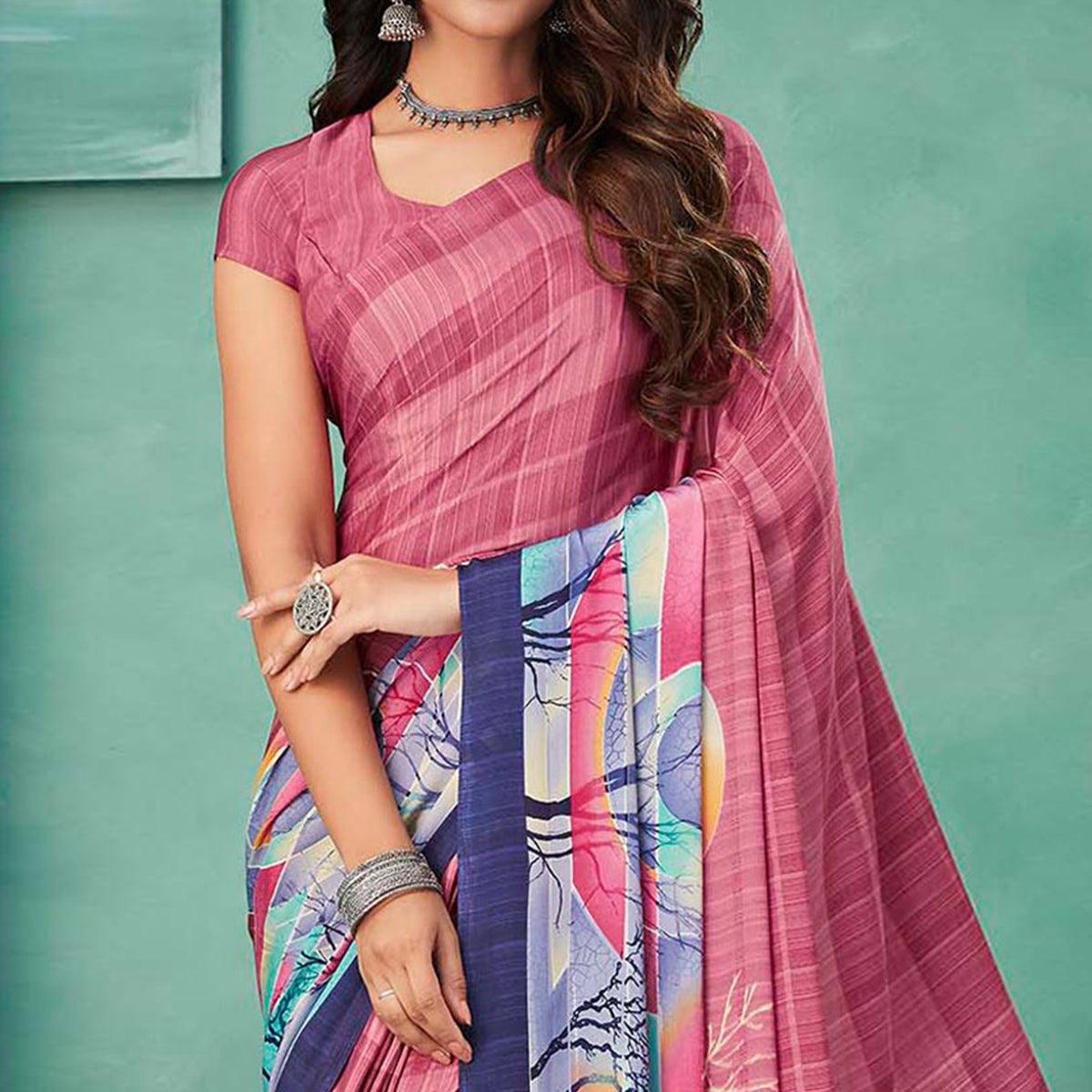 Pink Printed Crepe Saree - Peachmode