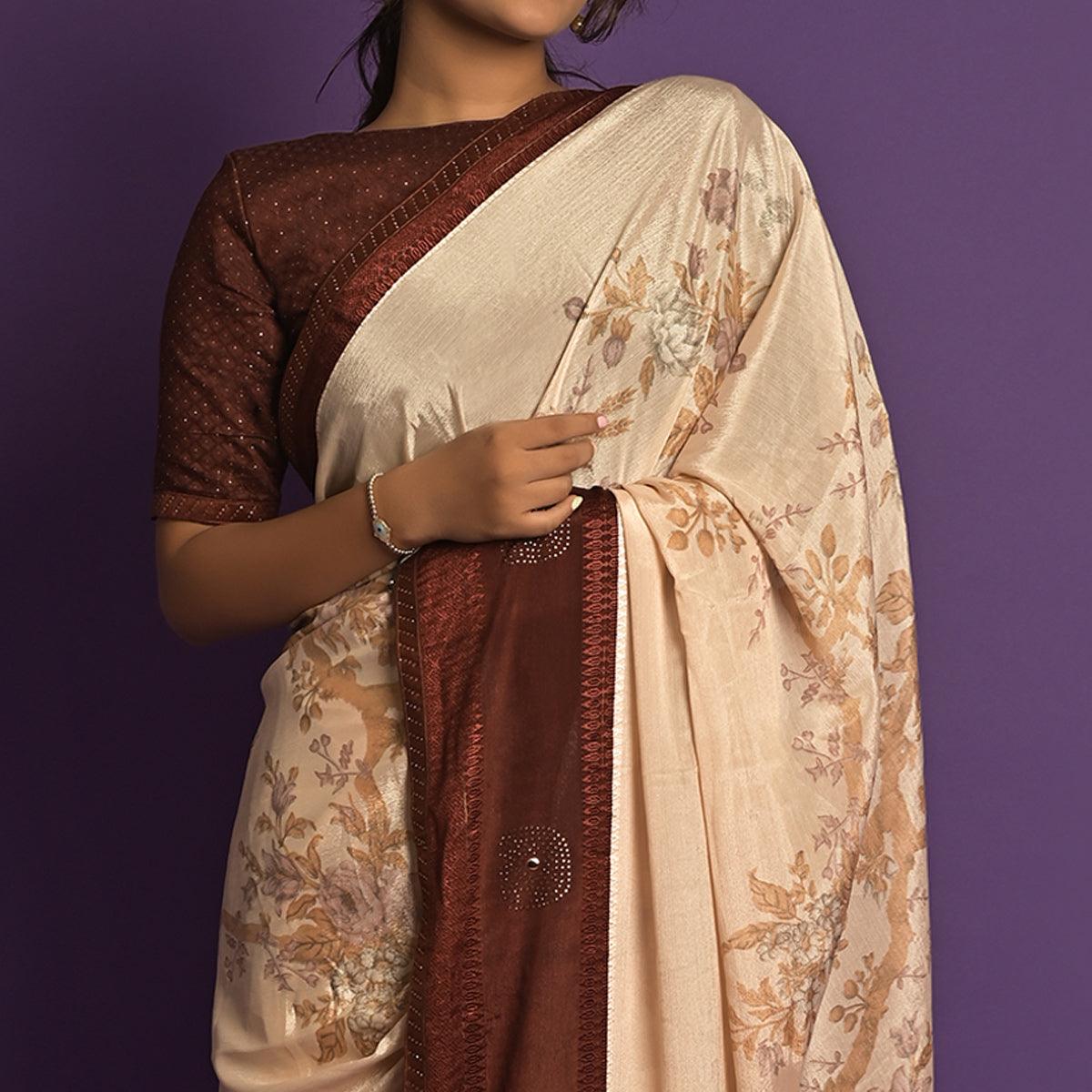 Pink Printed-Embellished Chiffon Saree - Peachmode