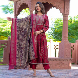 Pink Printed-Embroidered Chanderi Salwar Suit - Peachmode