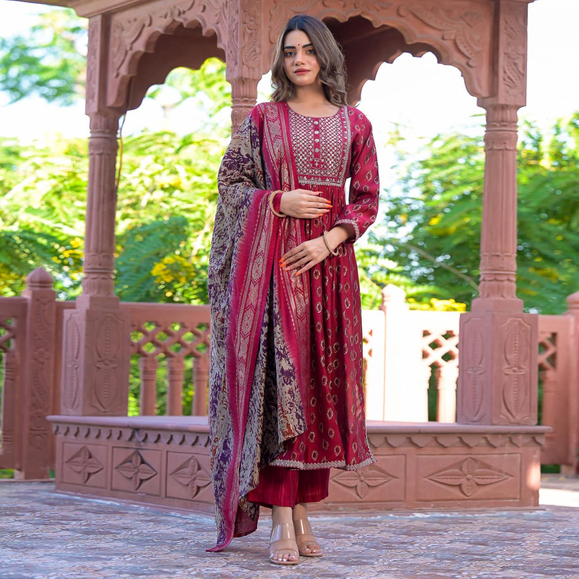 Pink Printed-Embroidered Chanderi Salwar Suit - Peachmode