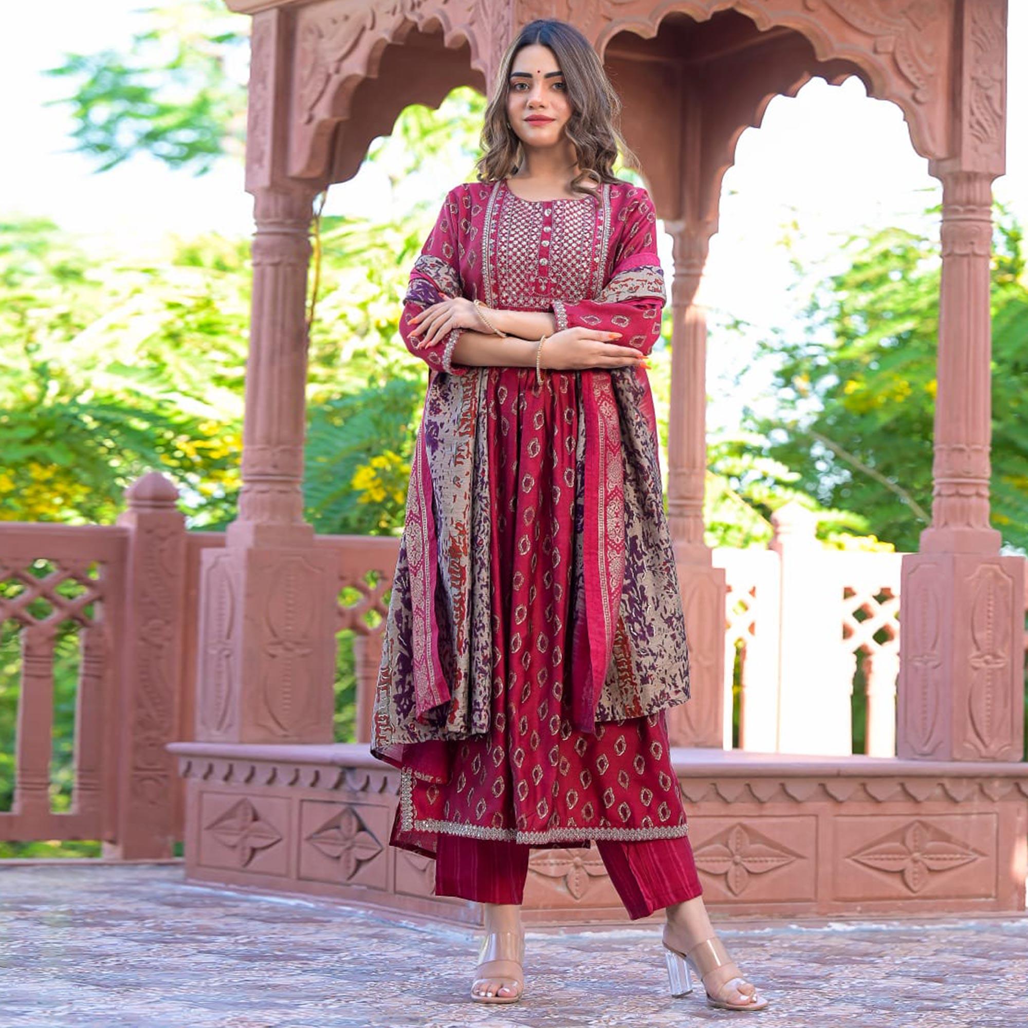 Pink Printed-Embroidered Chanderi Salwar Suit - Peachmode