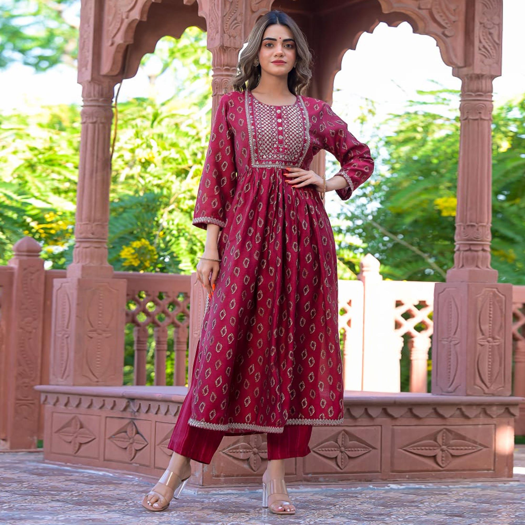 Pink Printed-Embroidered Chanderi Salwar Suit - Peachmode