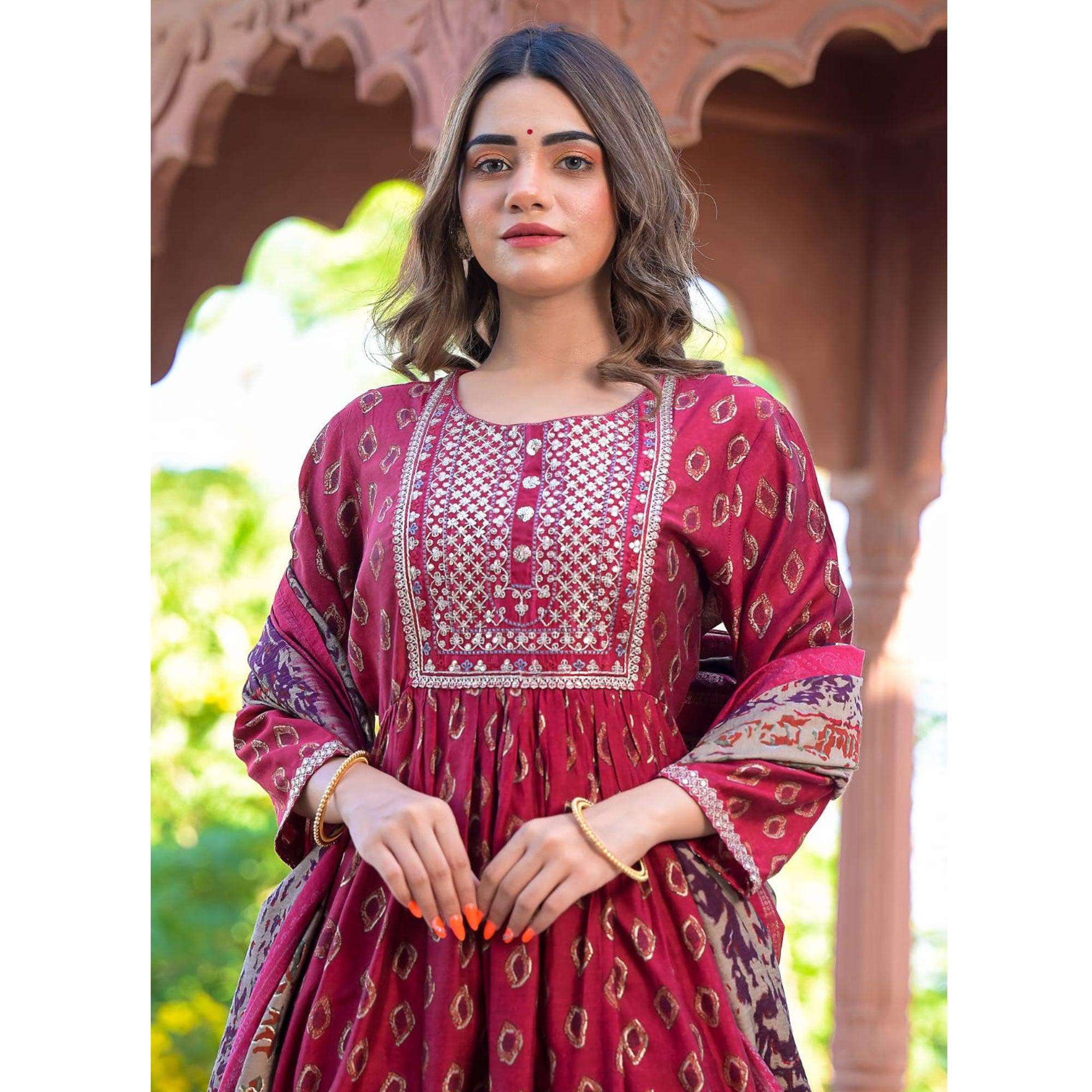 Pink Printed-Embroidered Chanderi Salwar Suit - Peachmode
