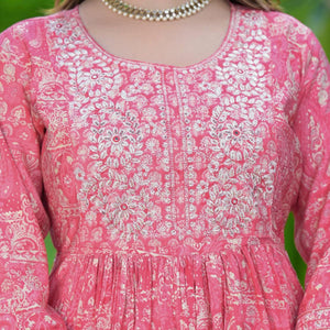 Pink Printed-Embroidered Muslin Anarkali Suit - Peachmode