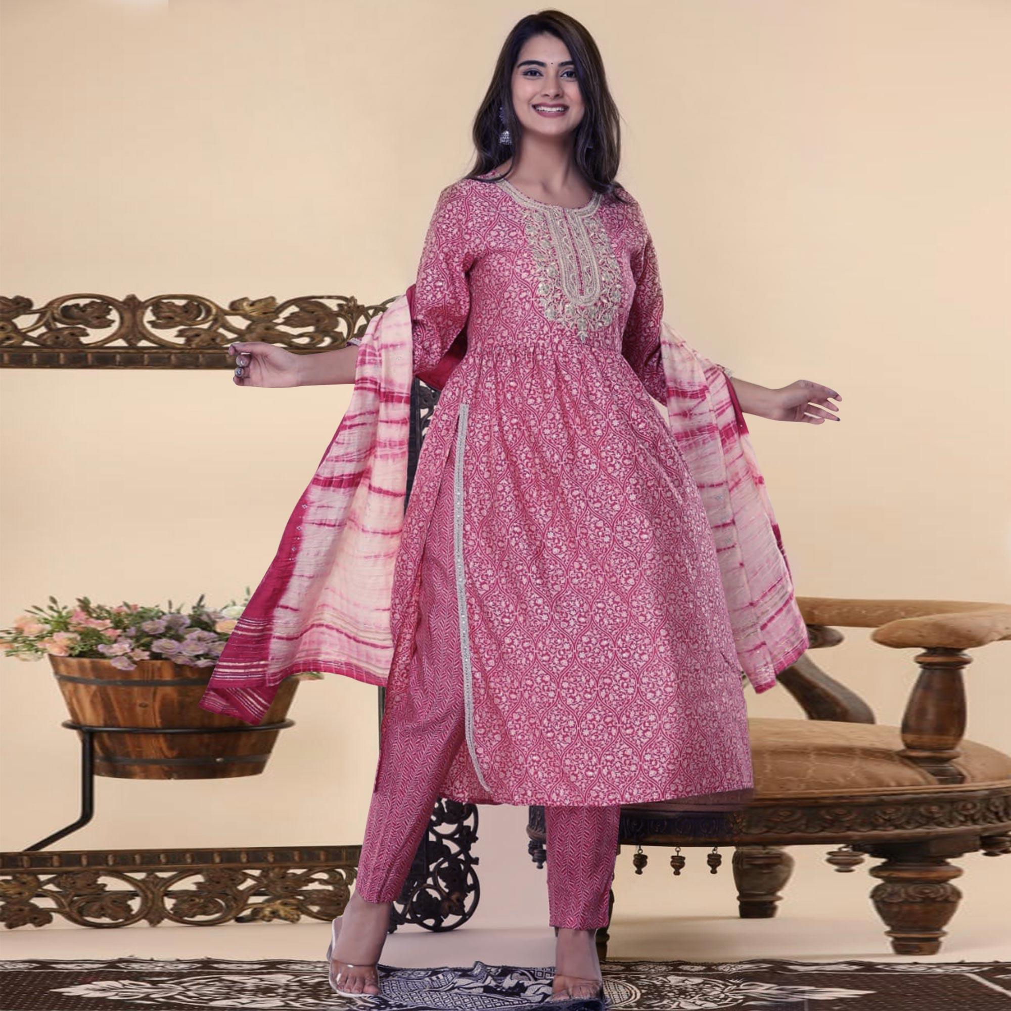 Pink Printed-Embroidered Muslin Kurti Pant Set With Dupatta - Peachmode