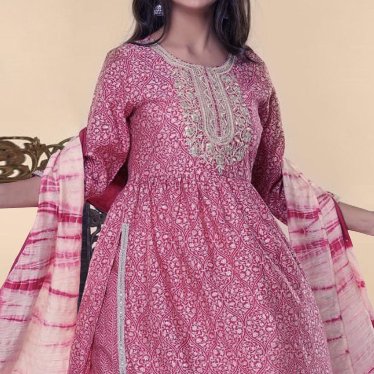 Pink Printed-Embroidered Muslin Kurti Pant Set With Dupatta - Peachmode