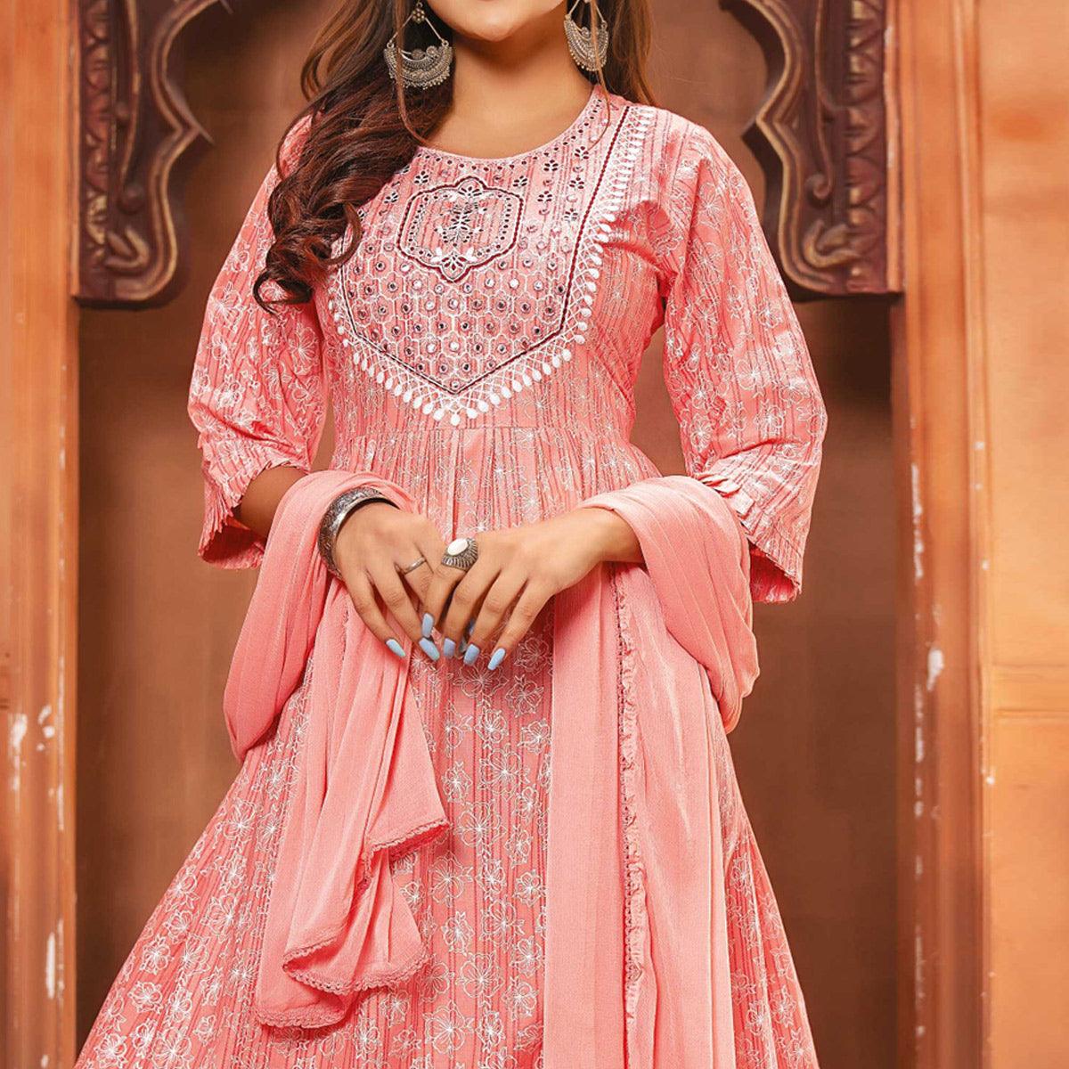 Pink Printed-Embroidered Poly Cotton Gown With Dupatta - Peachmode