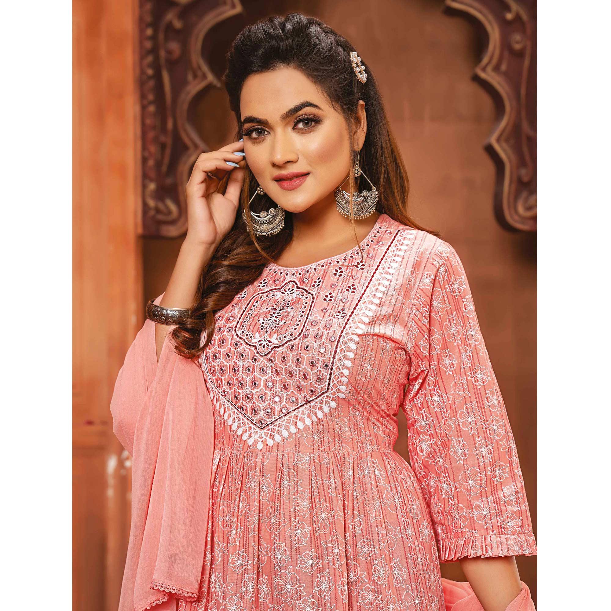 Pink Printed-Embroidered Poly Cotton Gown With Dupatta - Peachmode