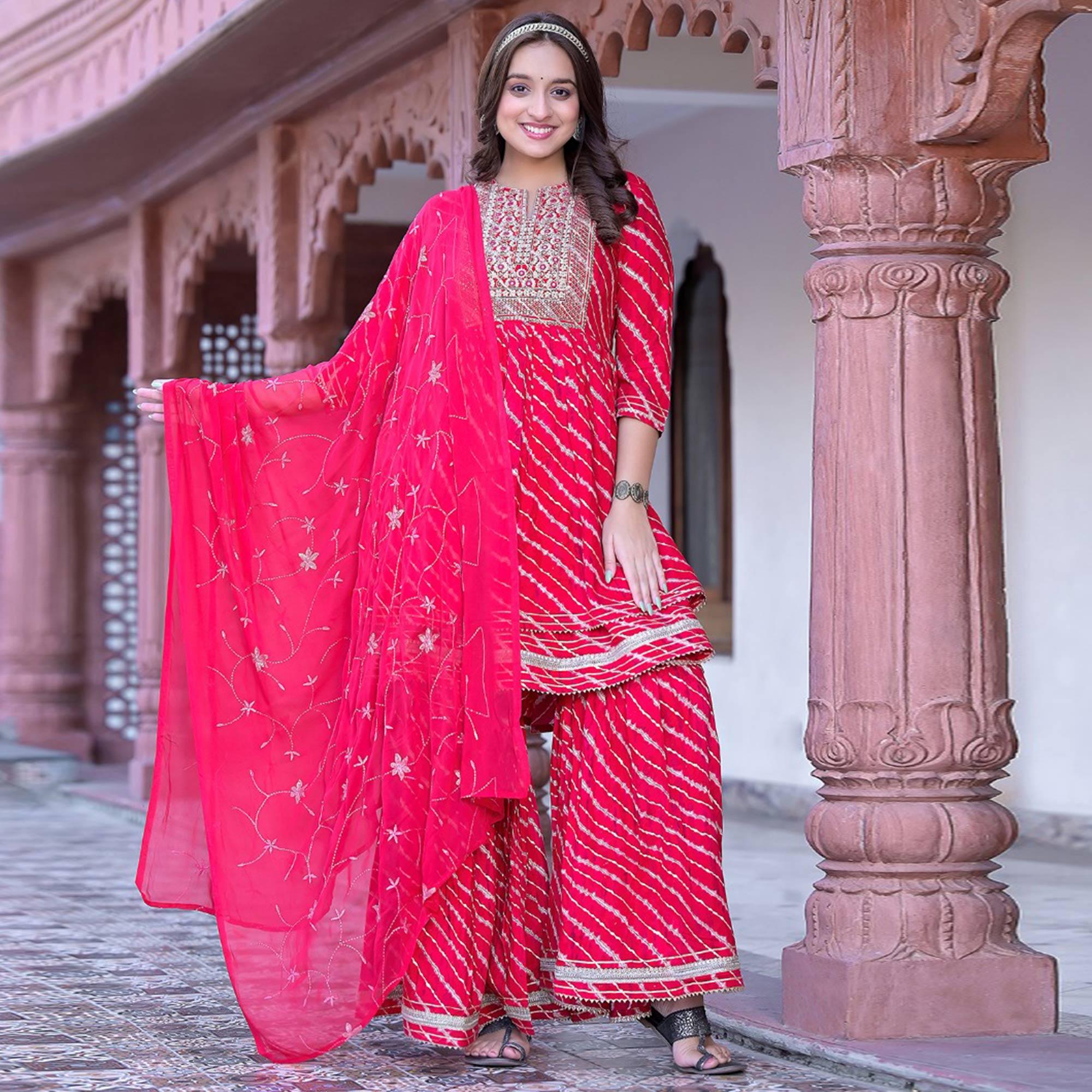 Pink Printed-Embroidered Rayon Sharara Suit - Peachmode