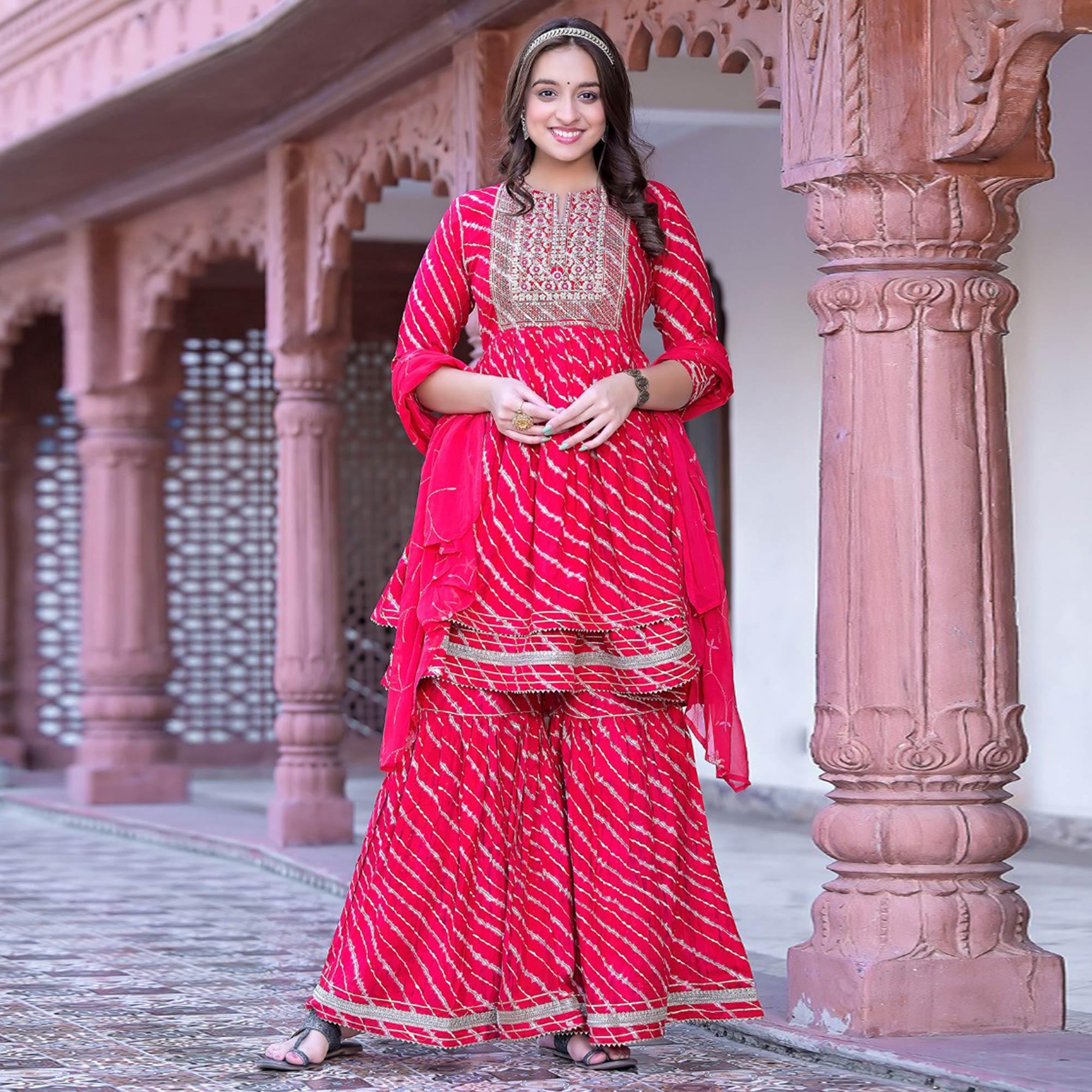 Pink Printed-Embroidered Rayon Sharara Suit - Peachmode