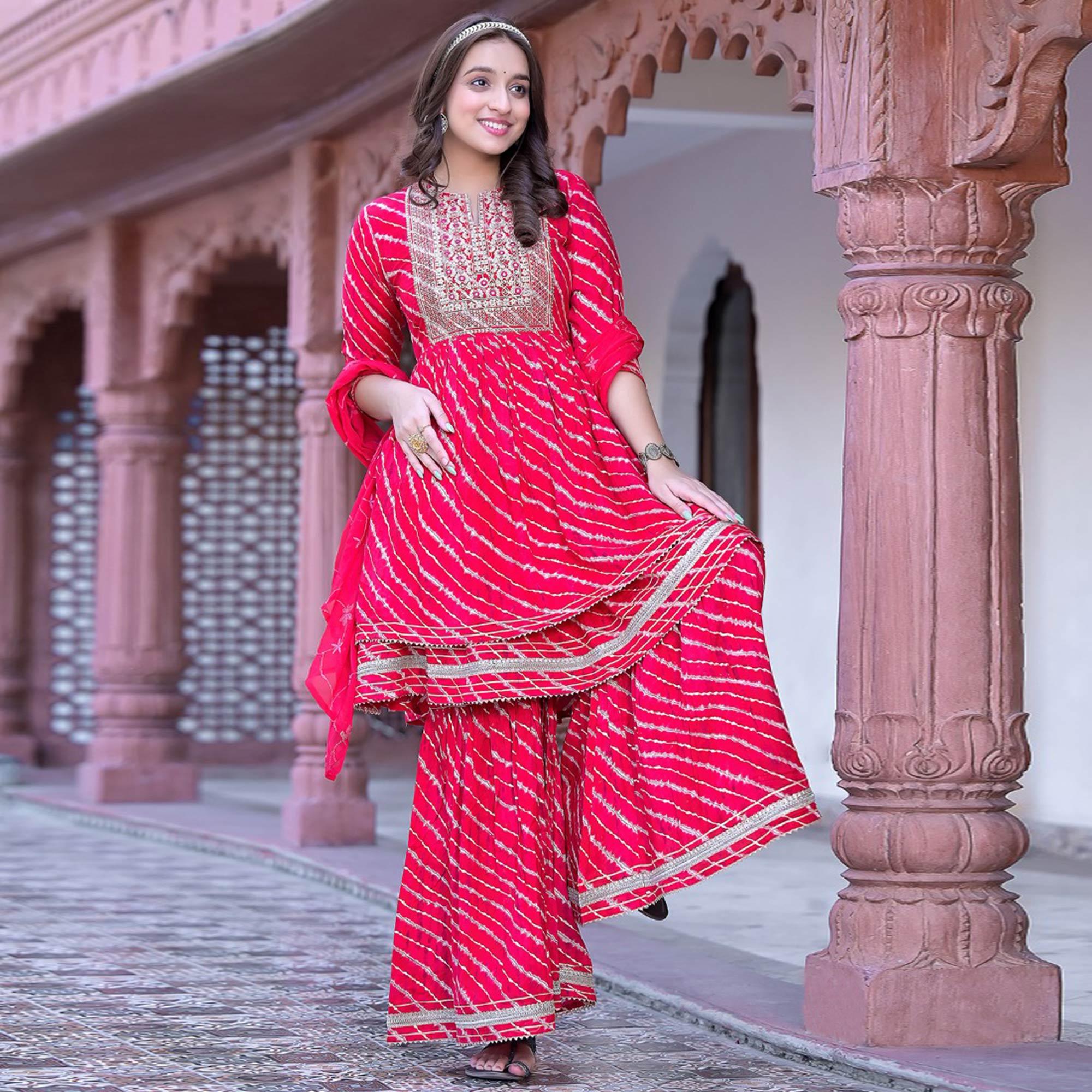 Pink Printed-Embroidered Rayon Sharara Suit - Peachmode