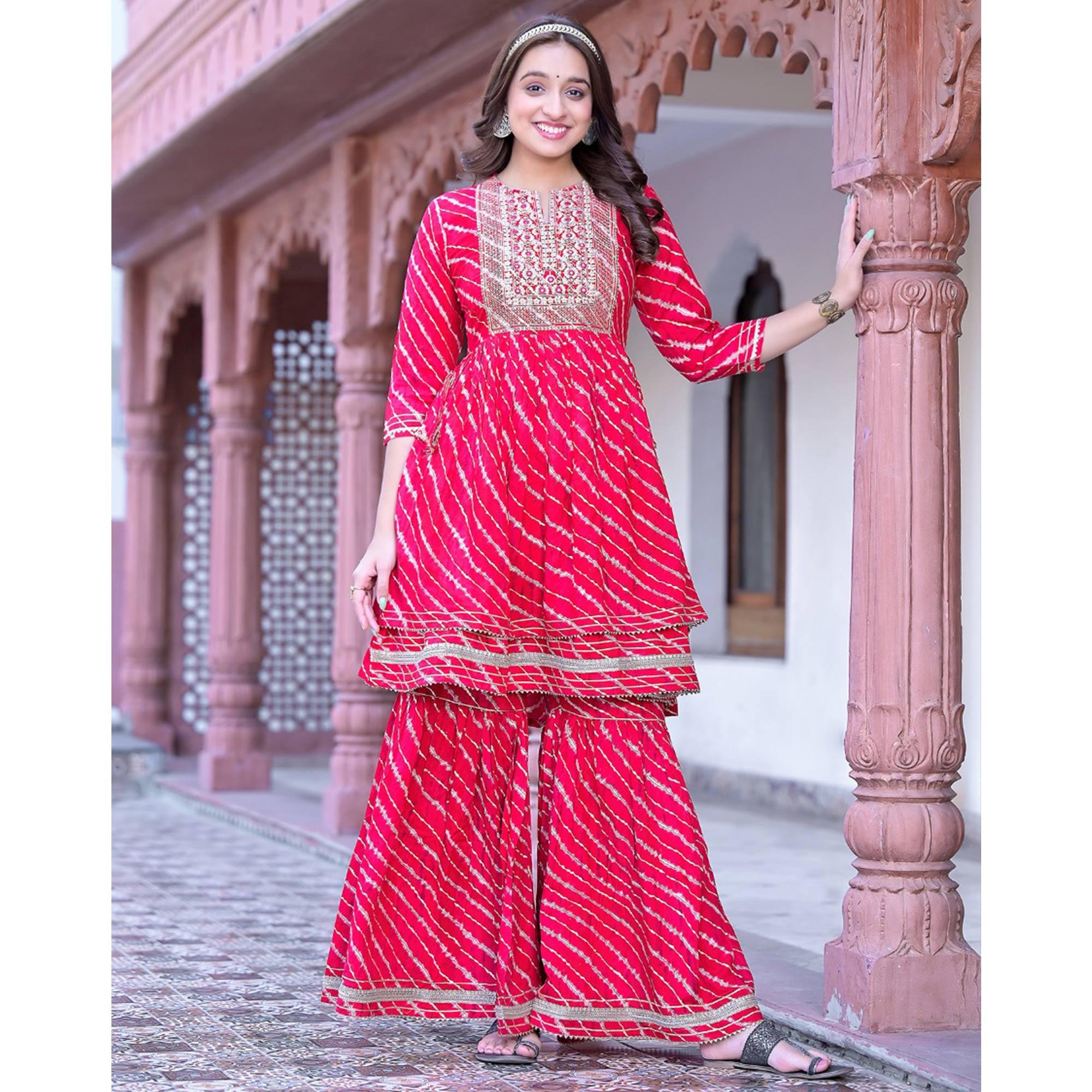 Pink Printed-Embroidered Rayon Sharara Suit - Peachmode