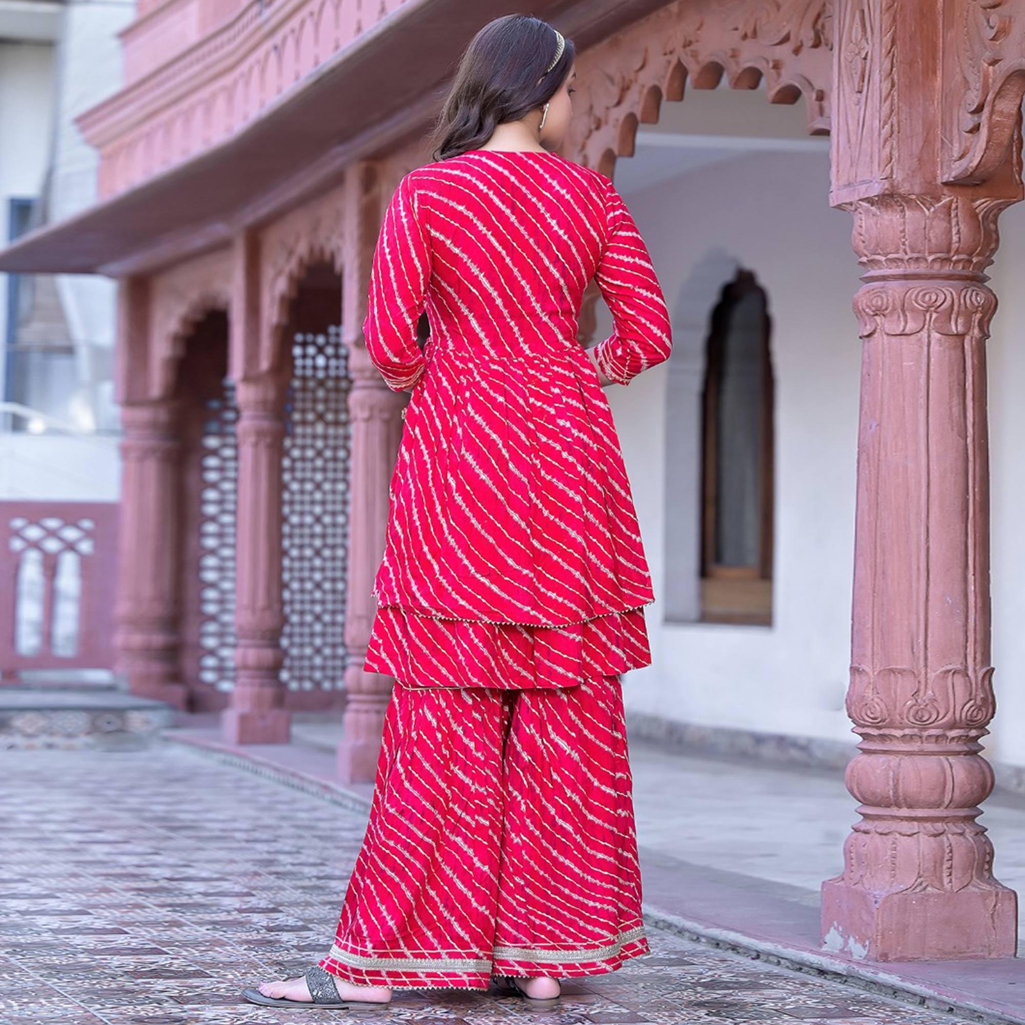 Pink Printed-Embroidered Rayon Sharara Suit - Peachmode