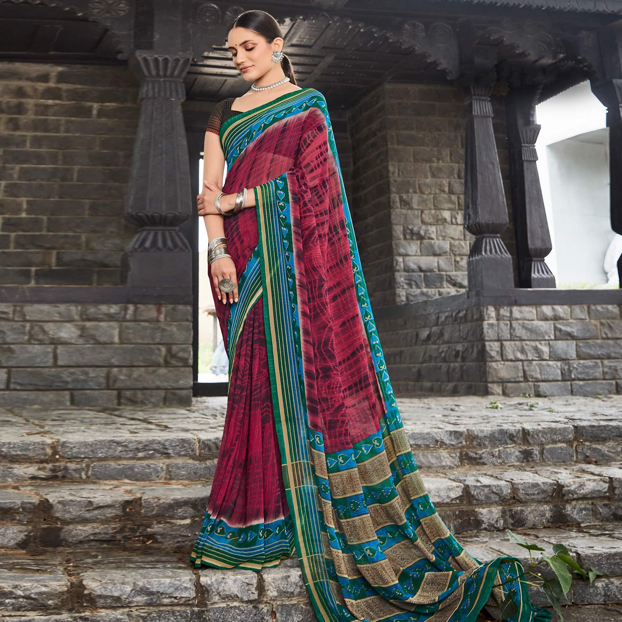 Pink Printed Geoergette Saree - Peachmode