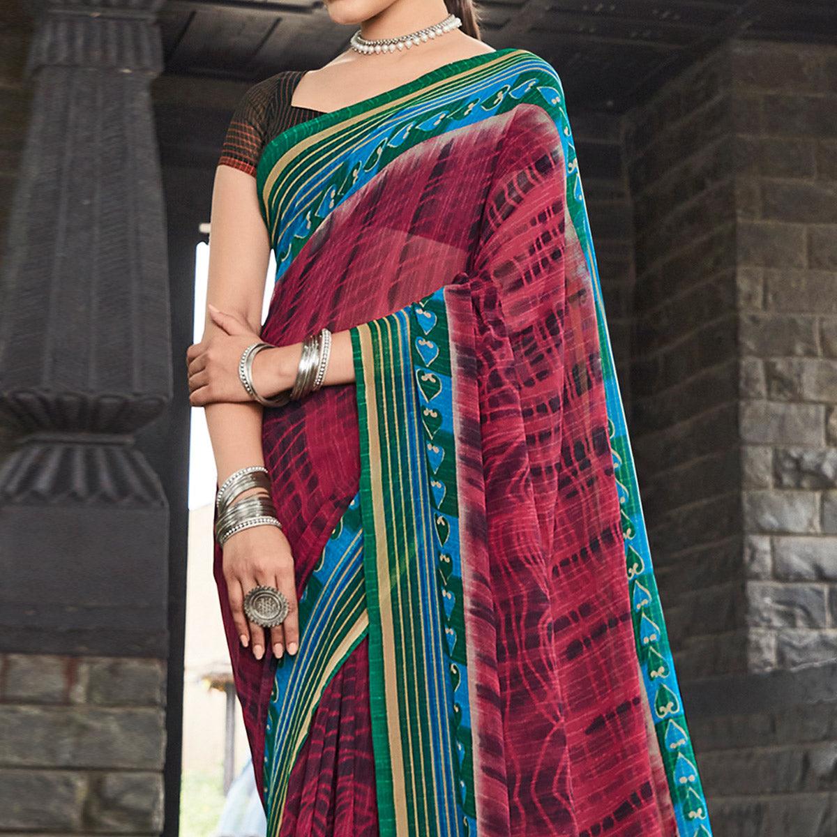 Pink Printed Geoergette Saree - Peachmode