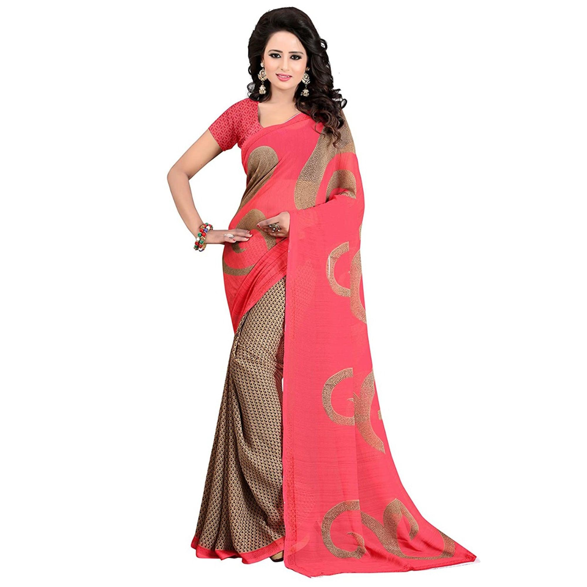 Pink Printed Georgette Half & Half Saree - Peachmode