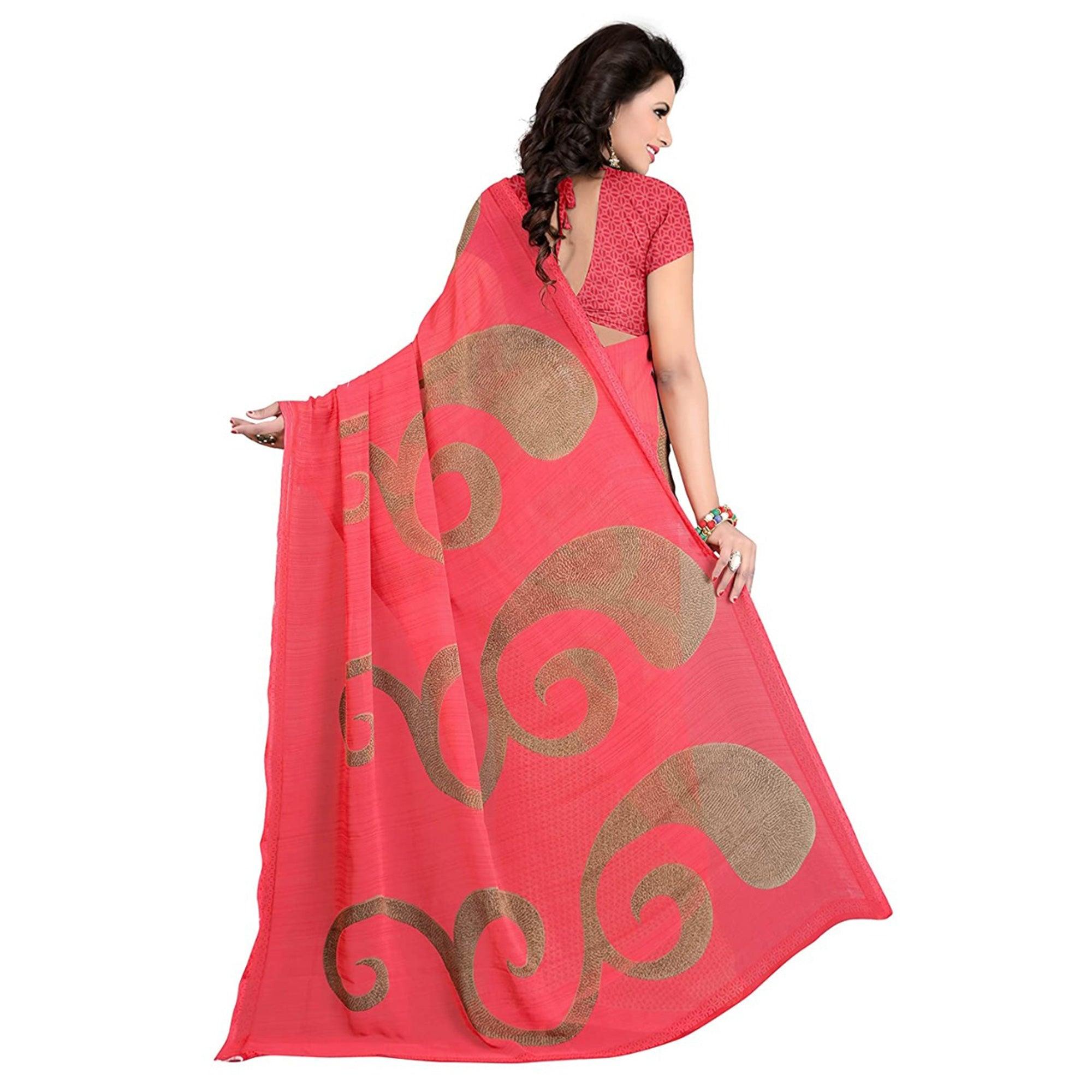 Pink Printed Georgette Half & Half Saree - Peachmode