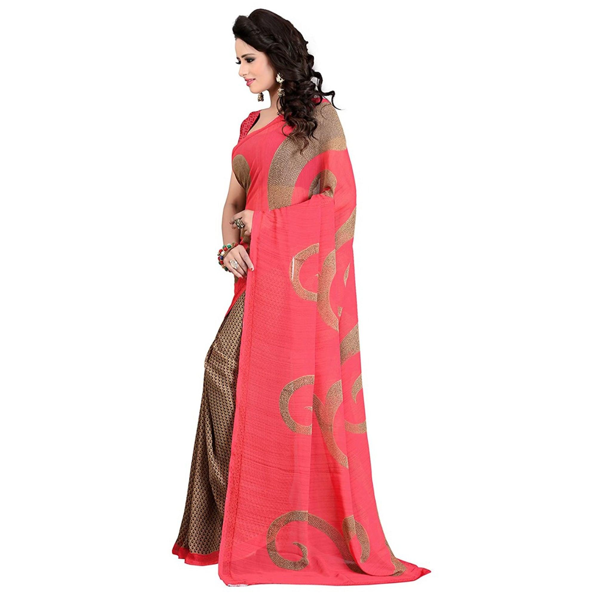 Pink Printed Georgette Half & Half Saree - Peachmode