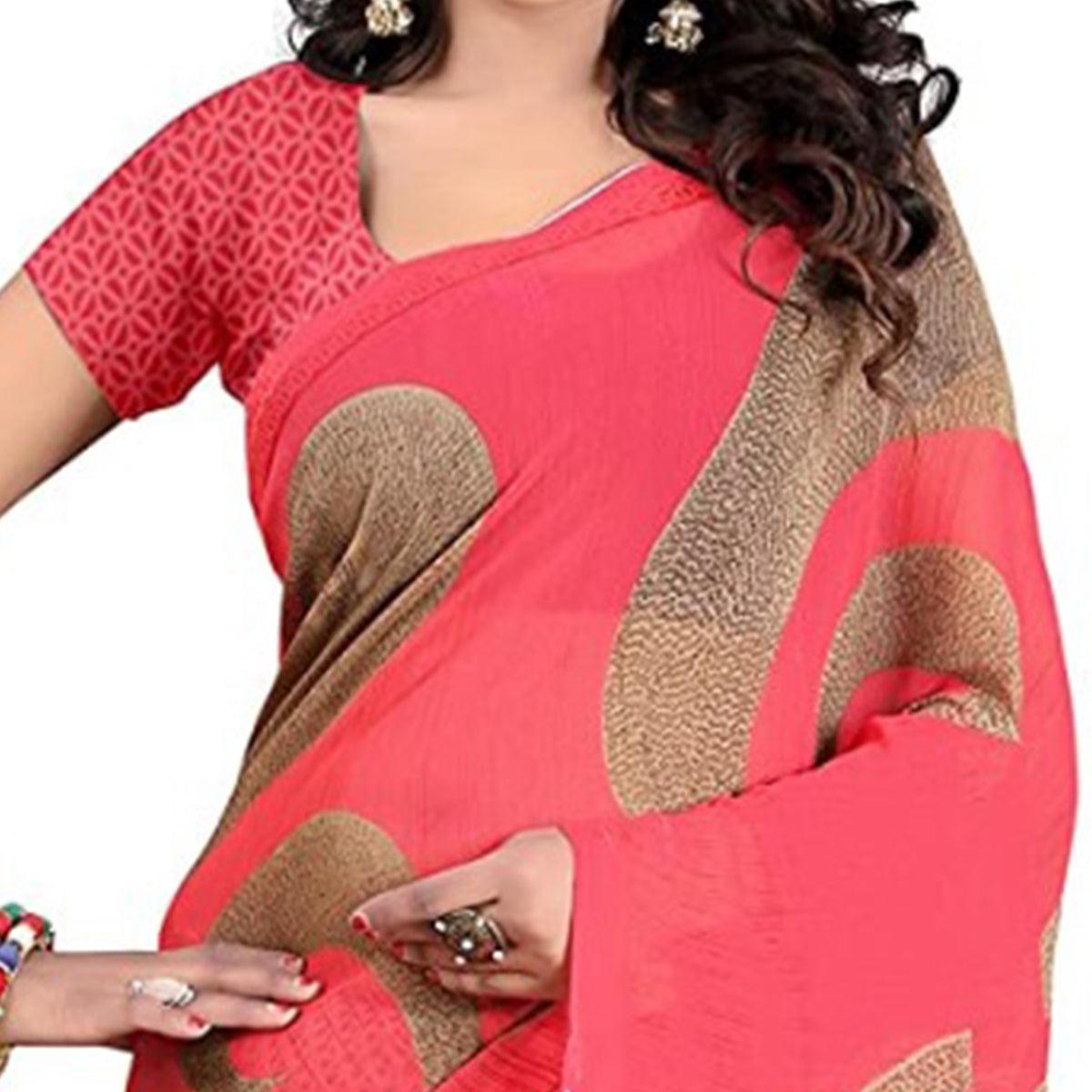 Pink Printed Georgette Half & Half Saree - Peachmode