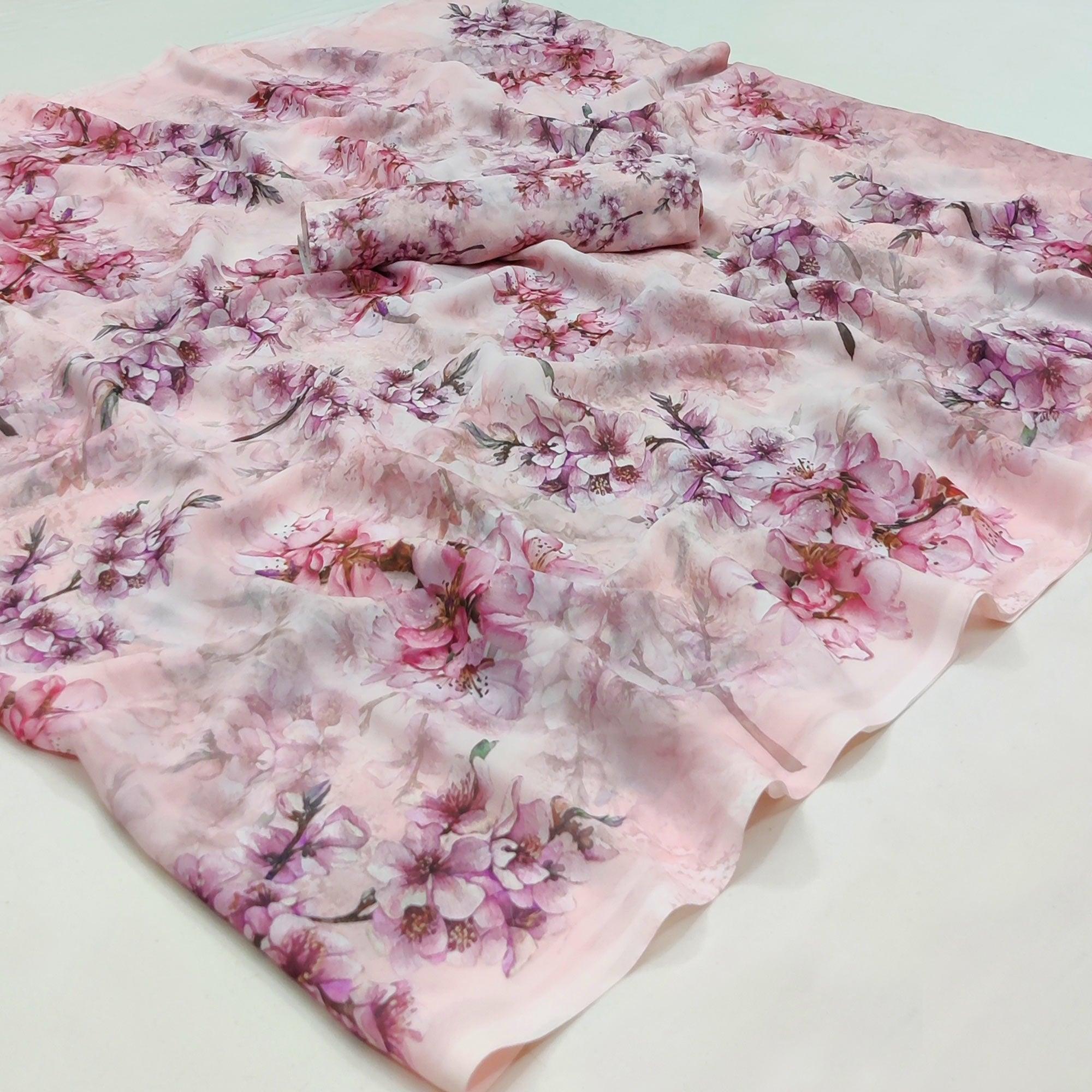 Pink Printed Georgette Saree - Peachmode