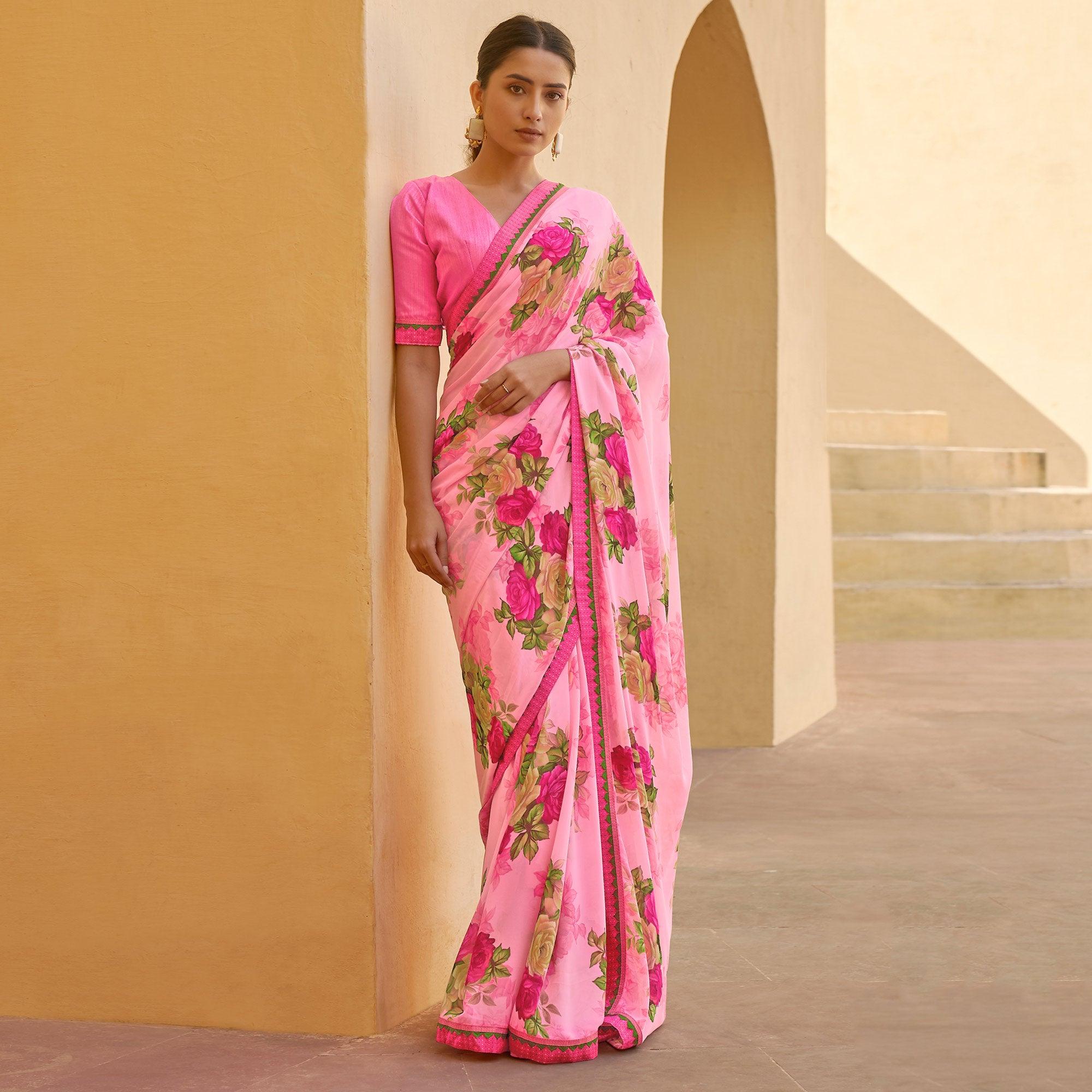 Pink Printed Georgette Saree - Peachmode