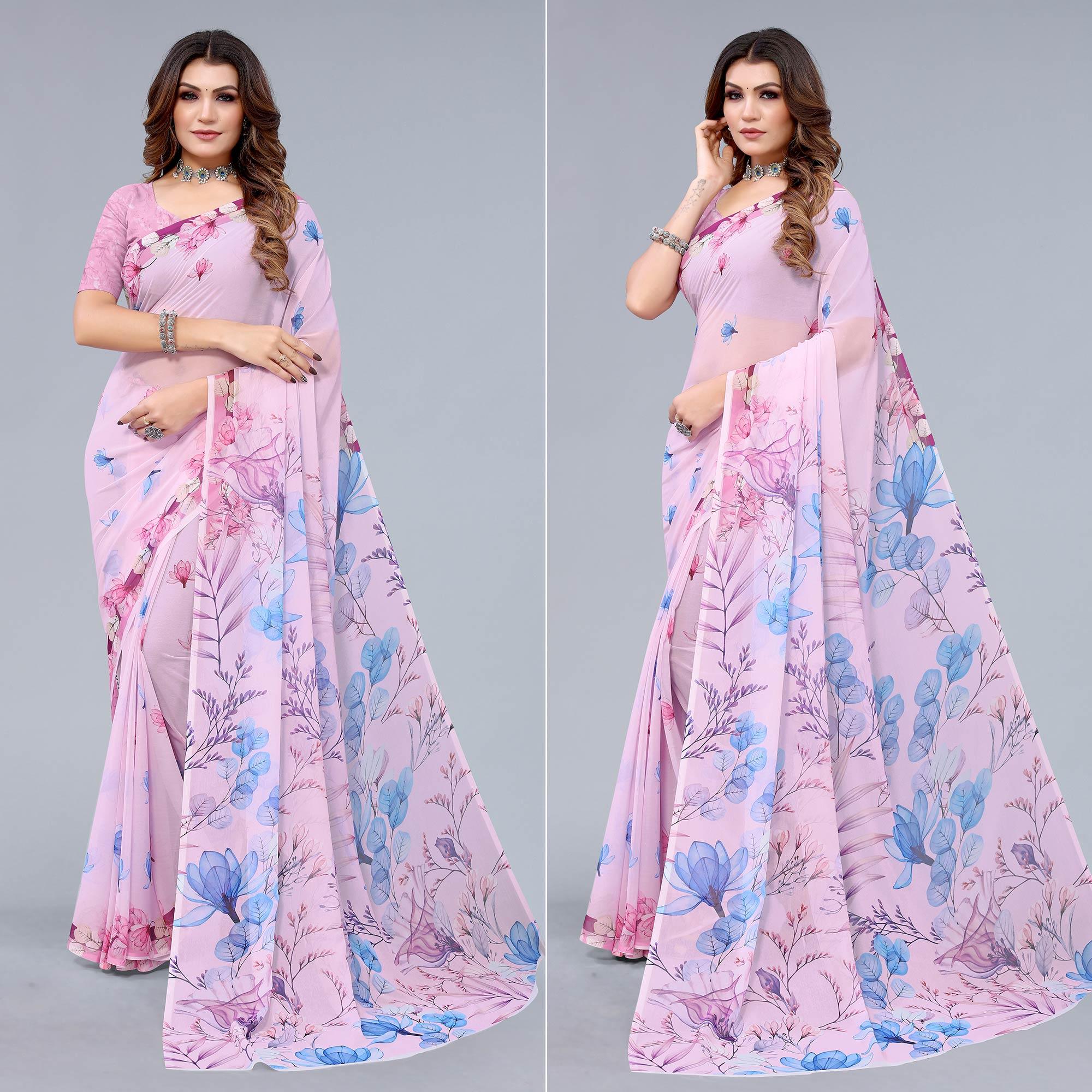 Pink Printed Georgette Saree - Peachmode