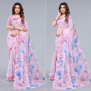 Pink Printed Georgette Saree - Peachmode