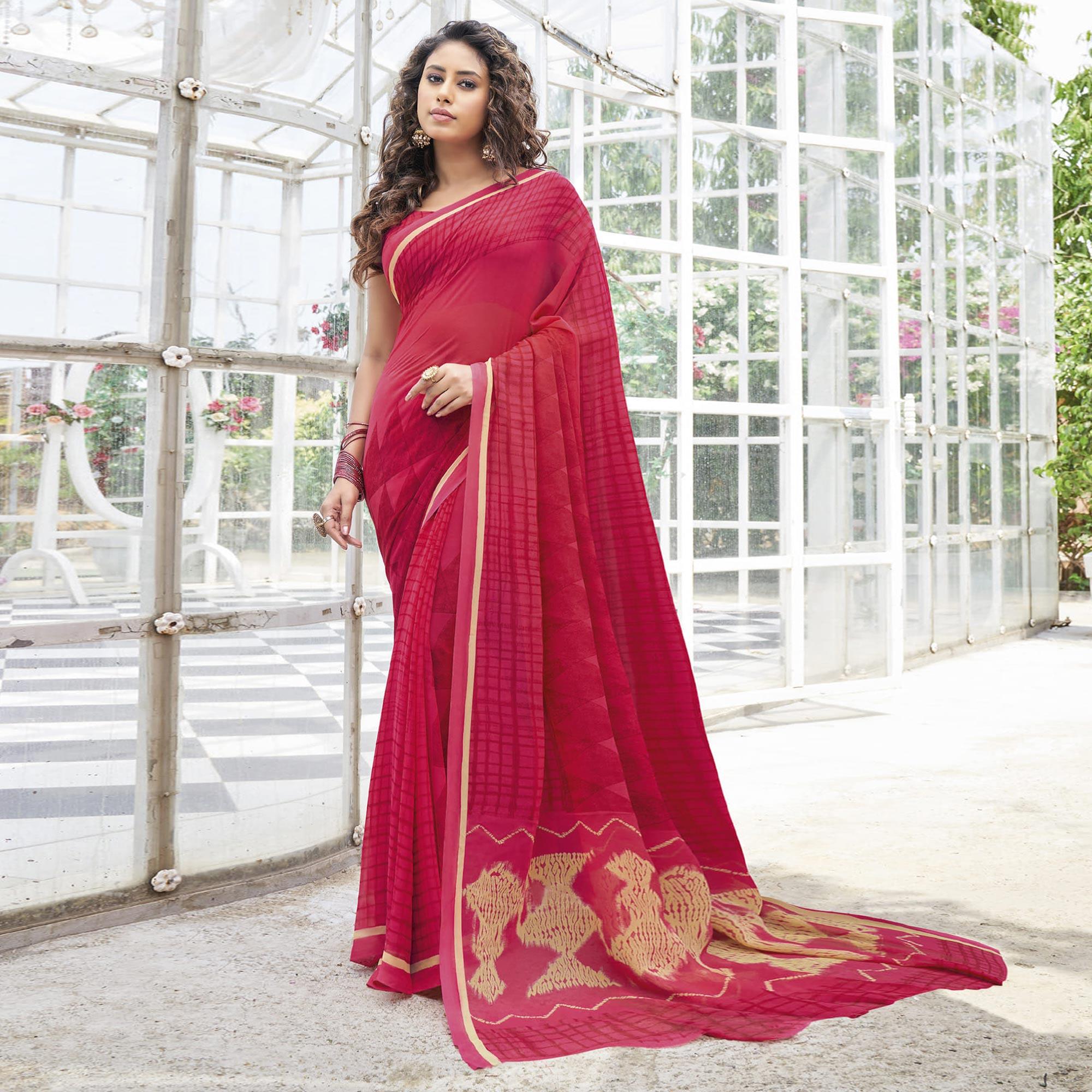 Pink Printed Georgette Saree - Peachmode