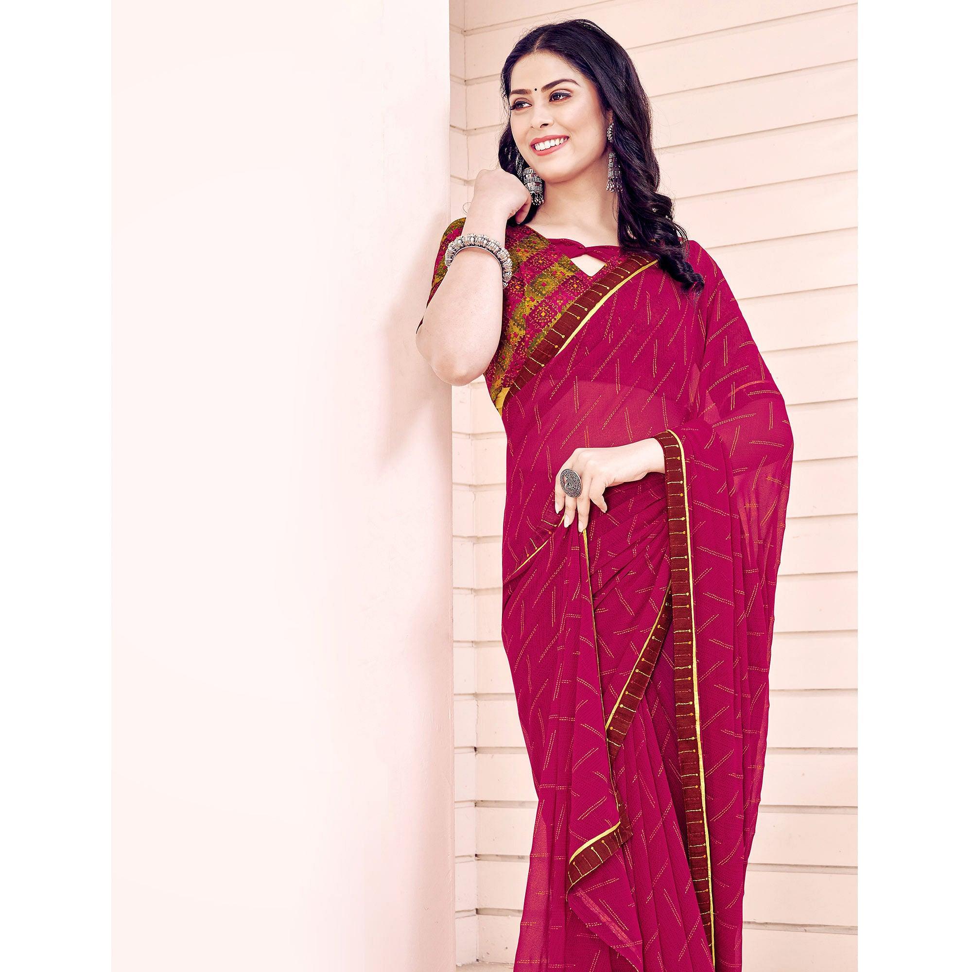 Pink Printed Georgette Saree - Peachmode