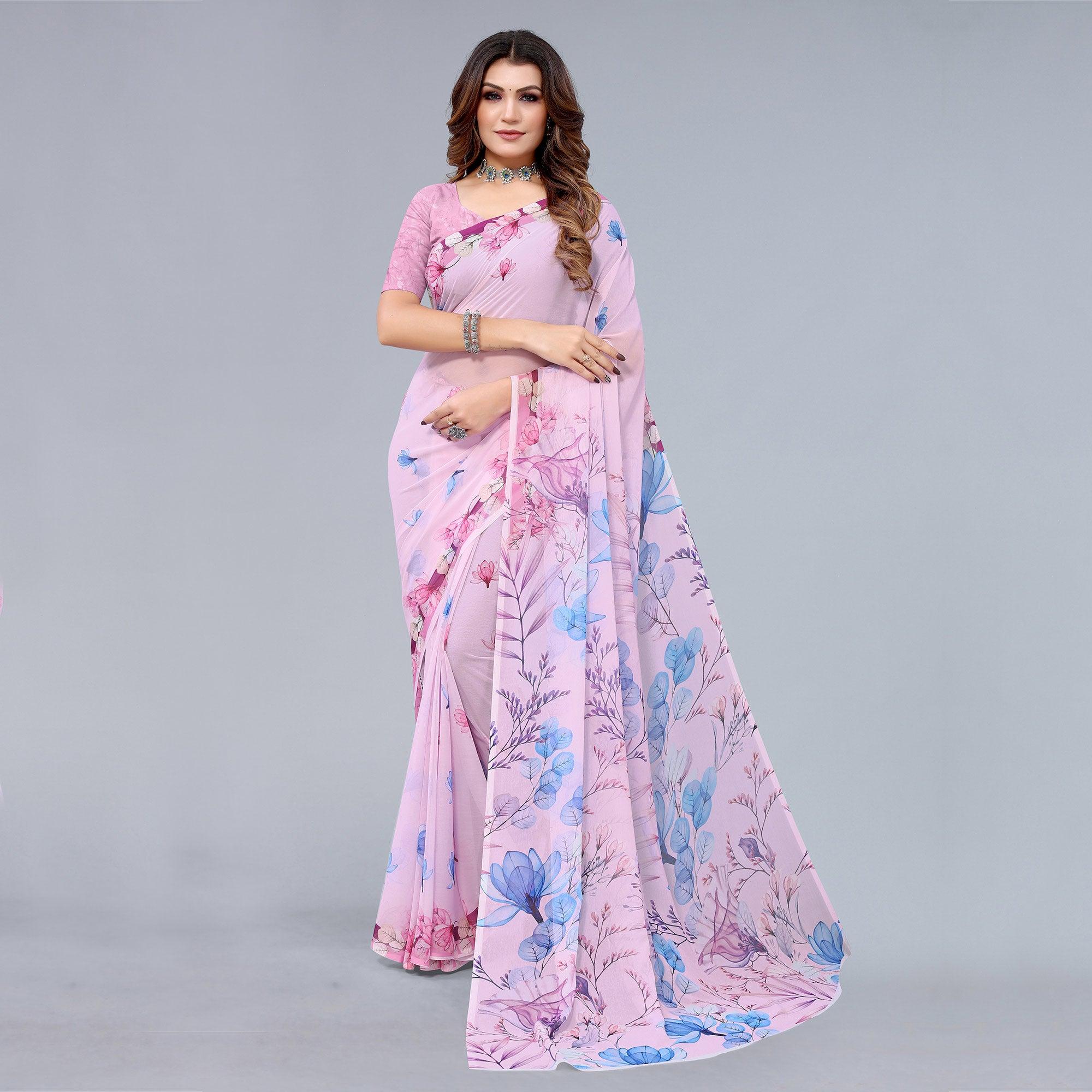 Pink Printed Georgette Saree - Peachmode