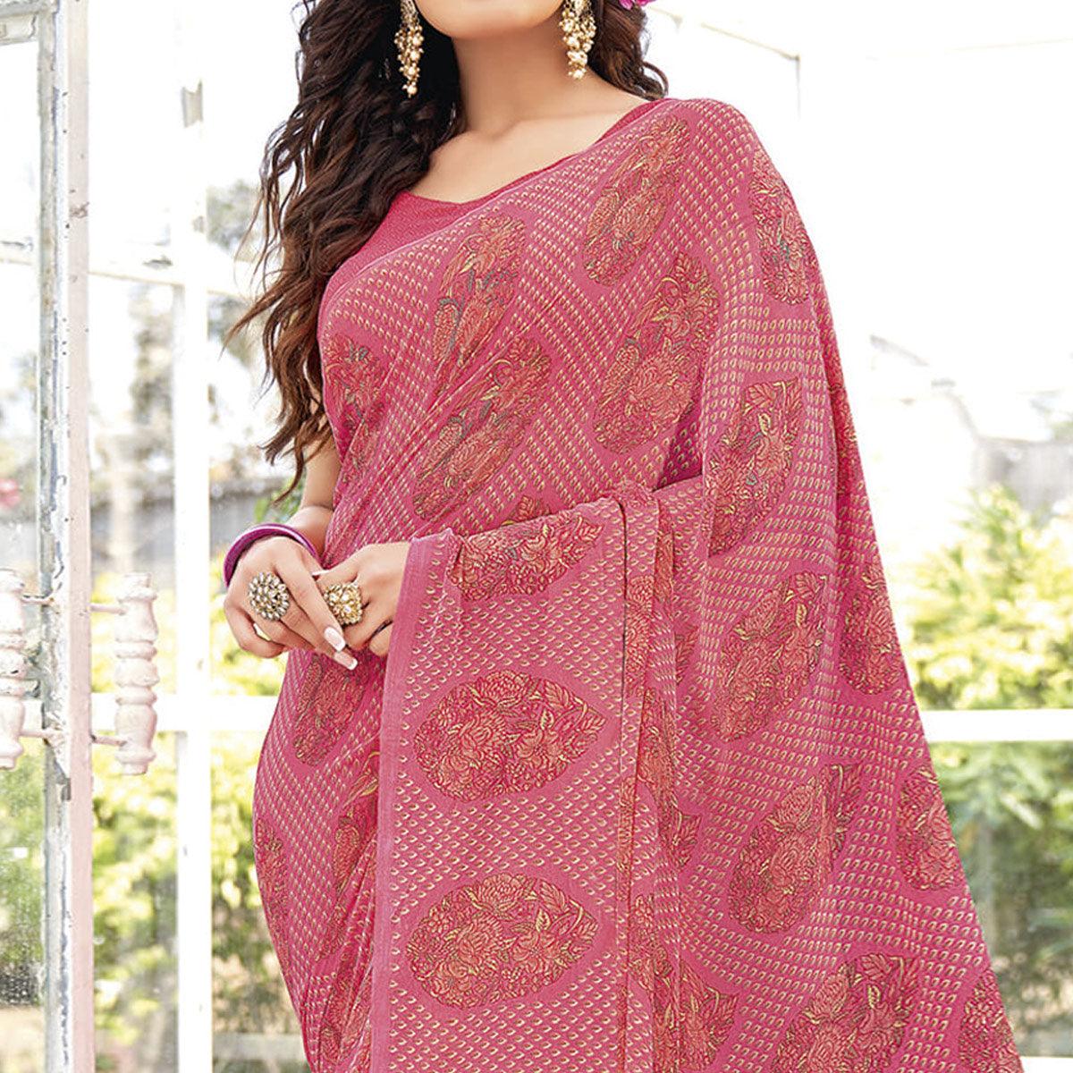 Pink Printed Georgette Saree - Peachmode