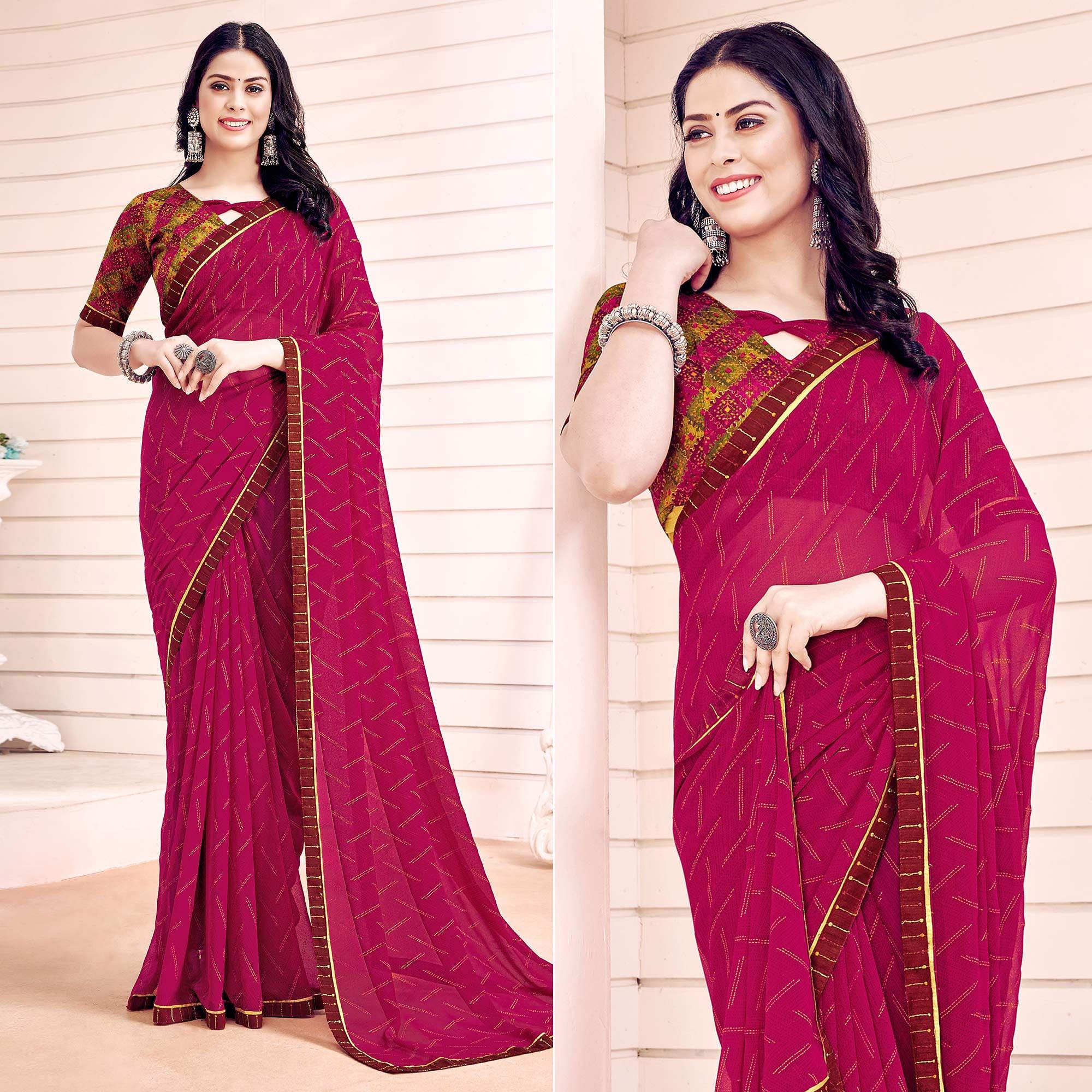 Pink Printed Georgette Saree - Peachmode