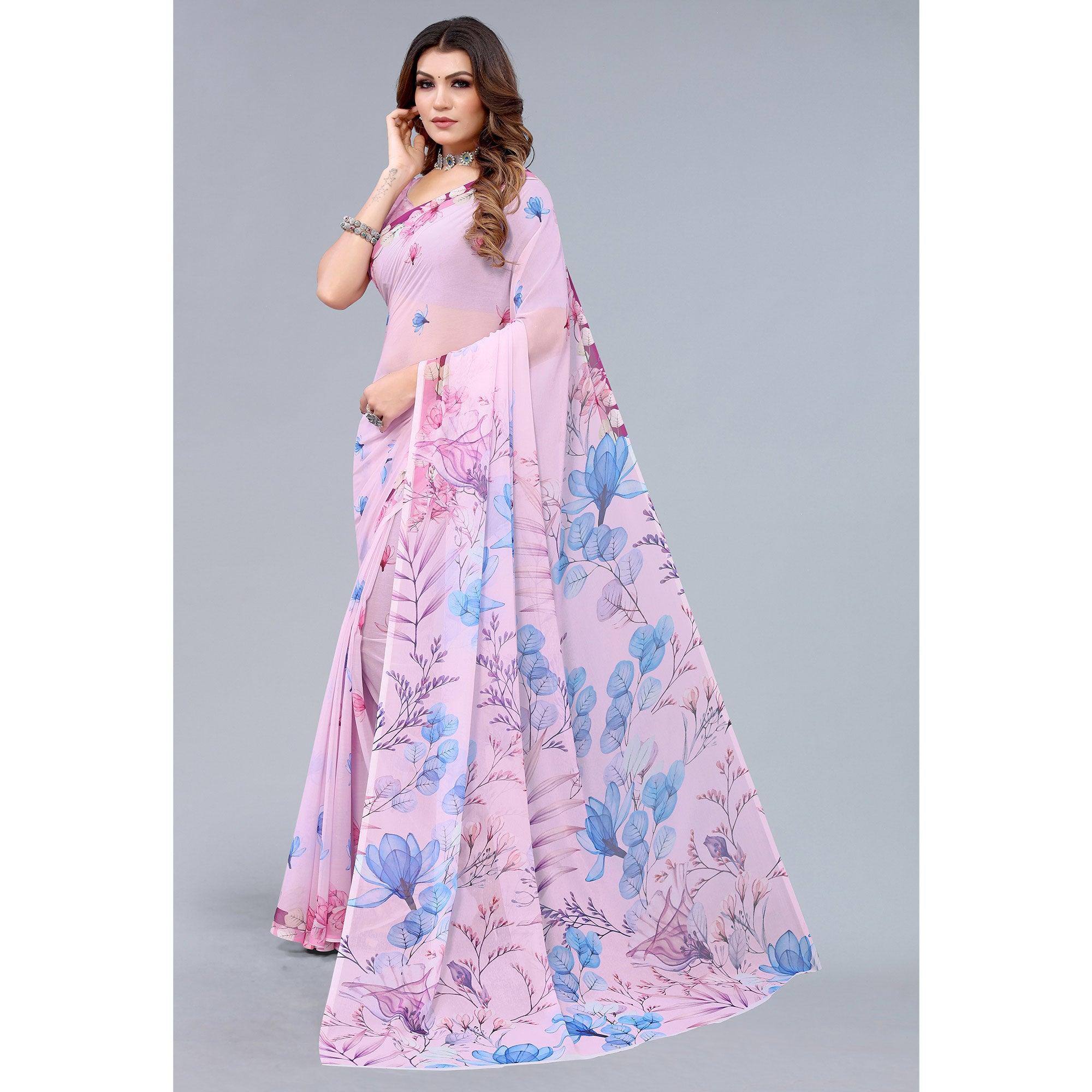 Pink Printed Georgette Saree - Peachmode