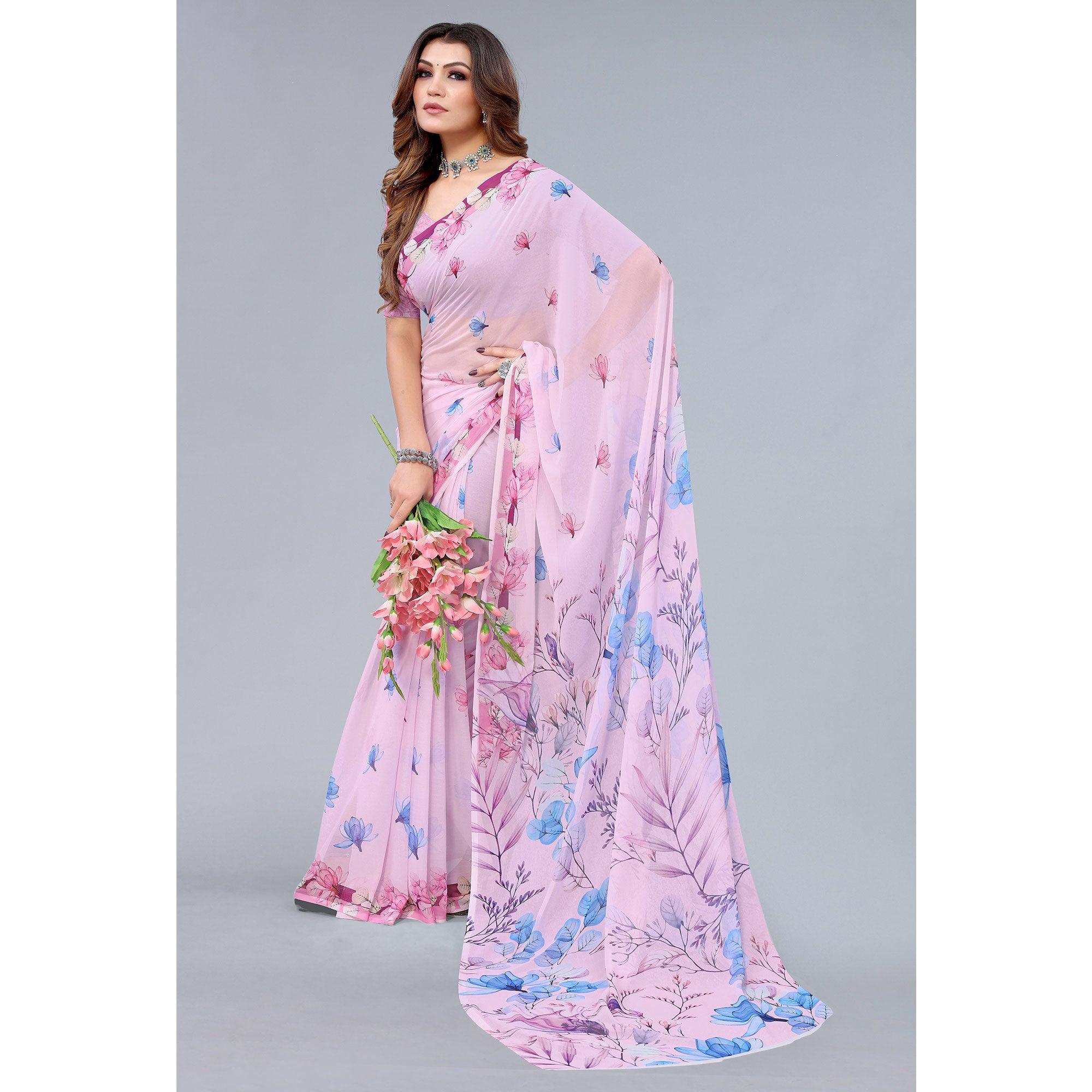 Pink Printed Georgette Saree - Peachmode