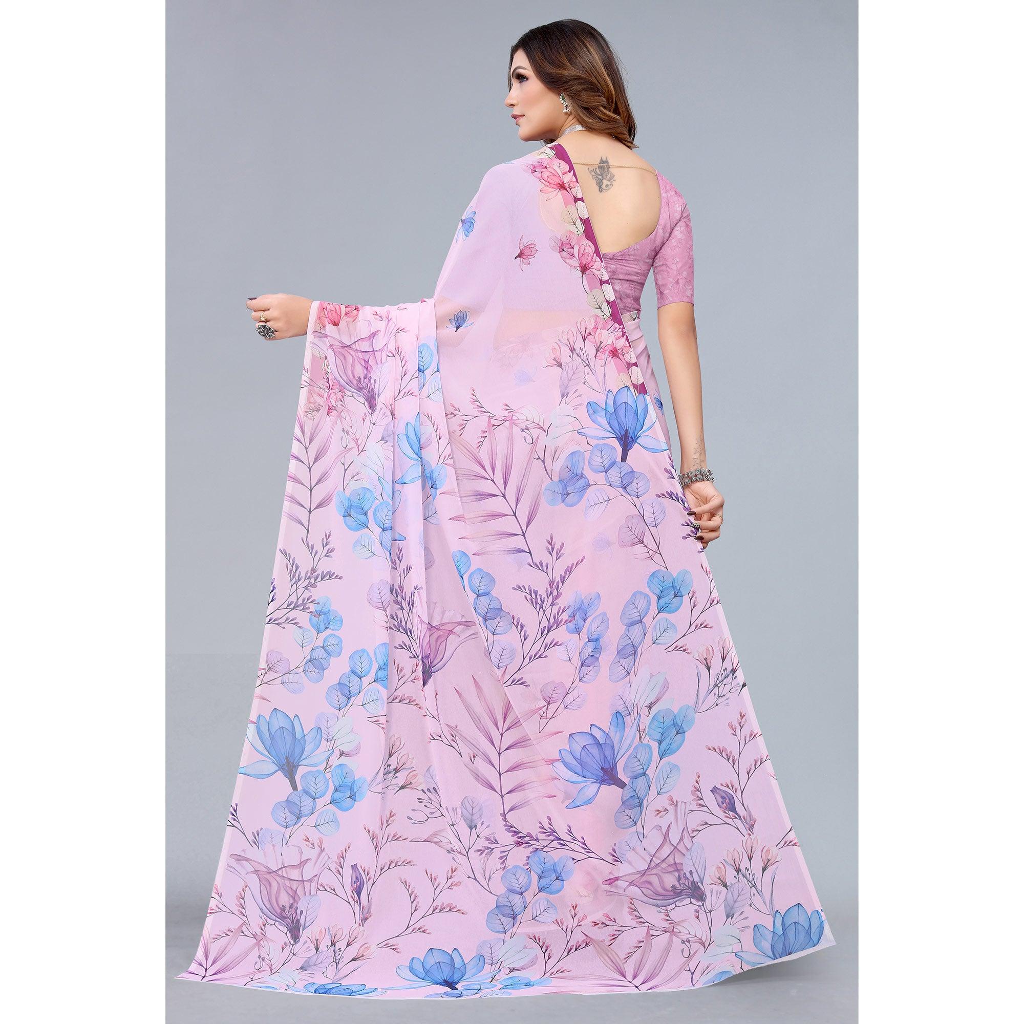 Pink Printed Georgette Saree - Peachmode