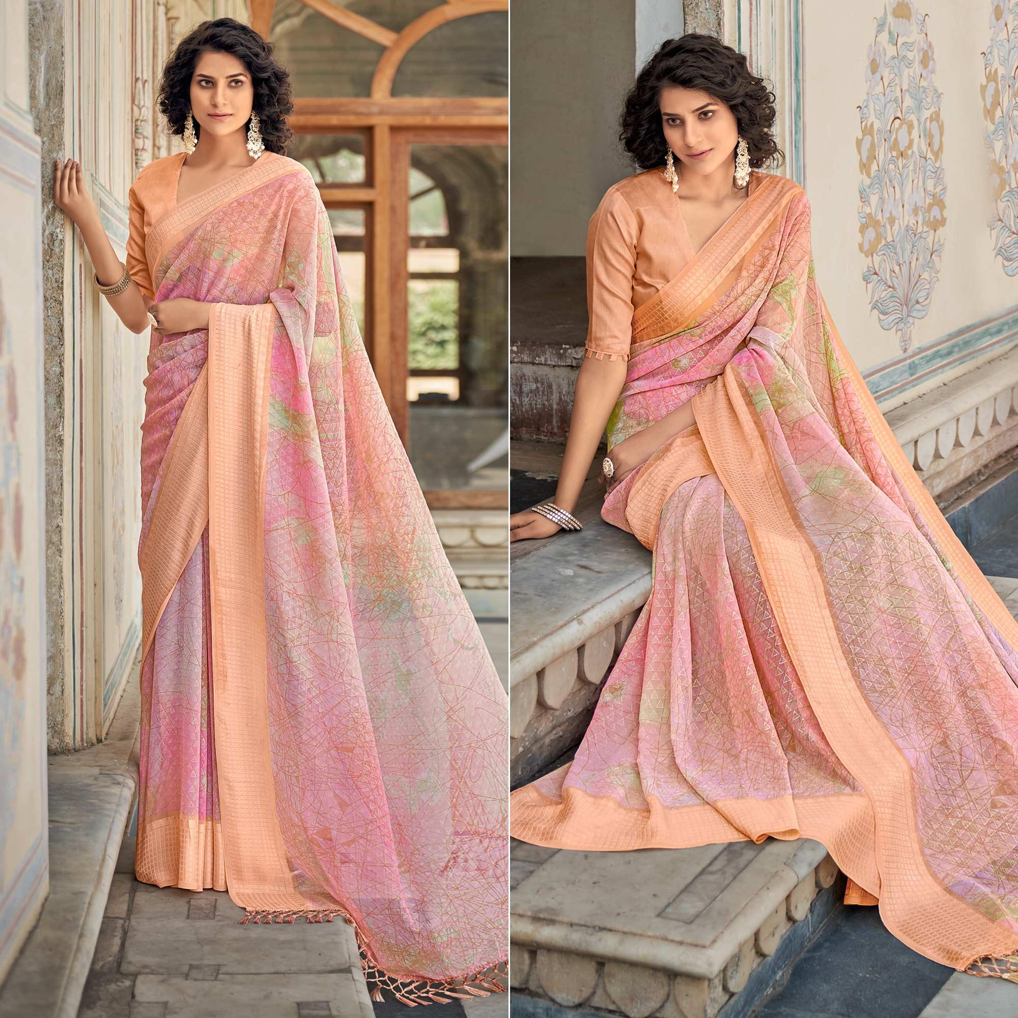 Pink Printed Georgette Saree With Tassels - Peachmode