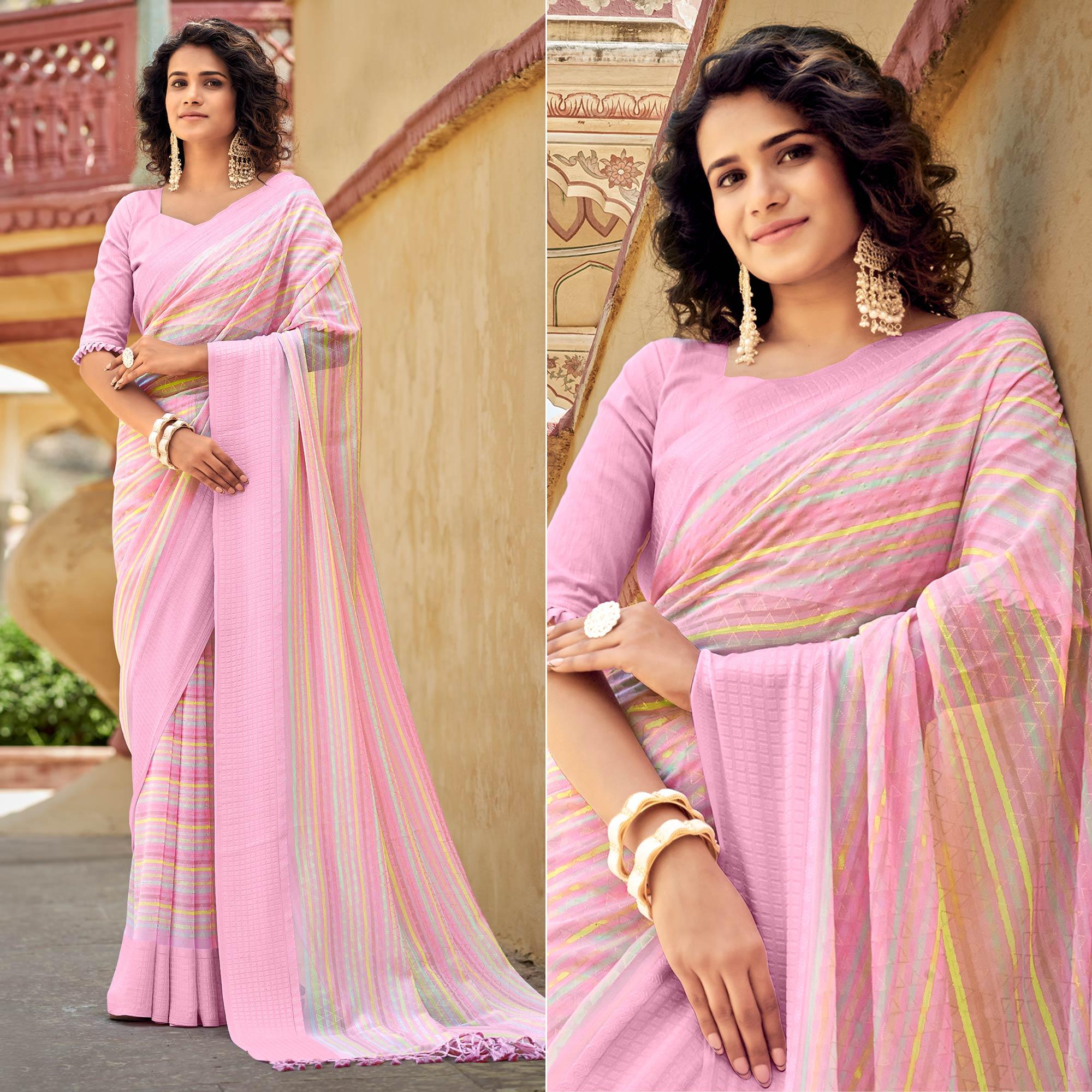 Pink Printed Georgette Saree With Tassels - Peachmode