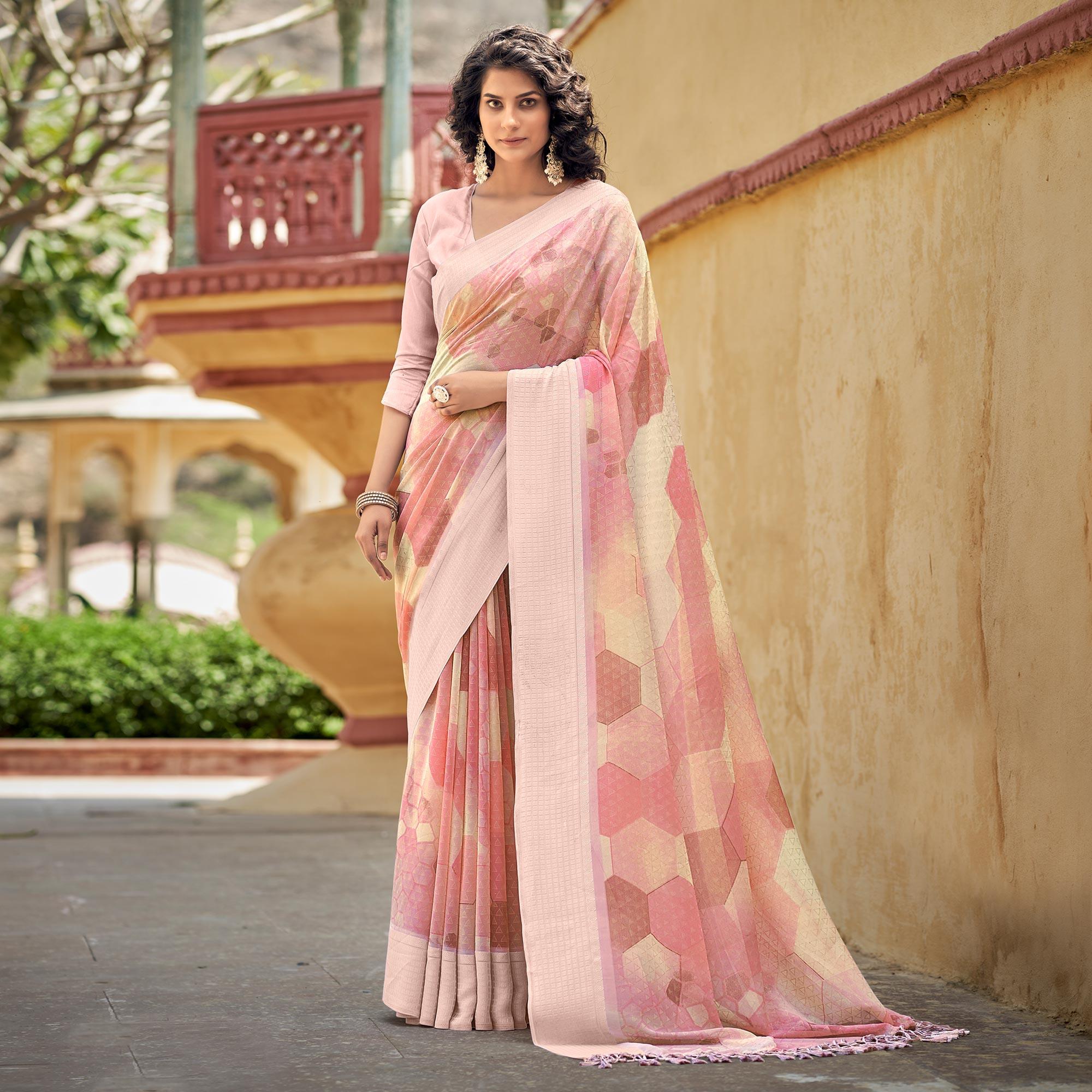 Pink Printed Georgette Saree With Tassels - Peachmode