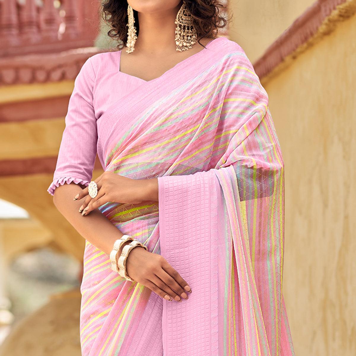 Pink Printed Georgette Saree With Tassels - Peachmode