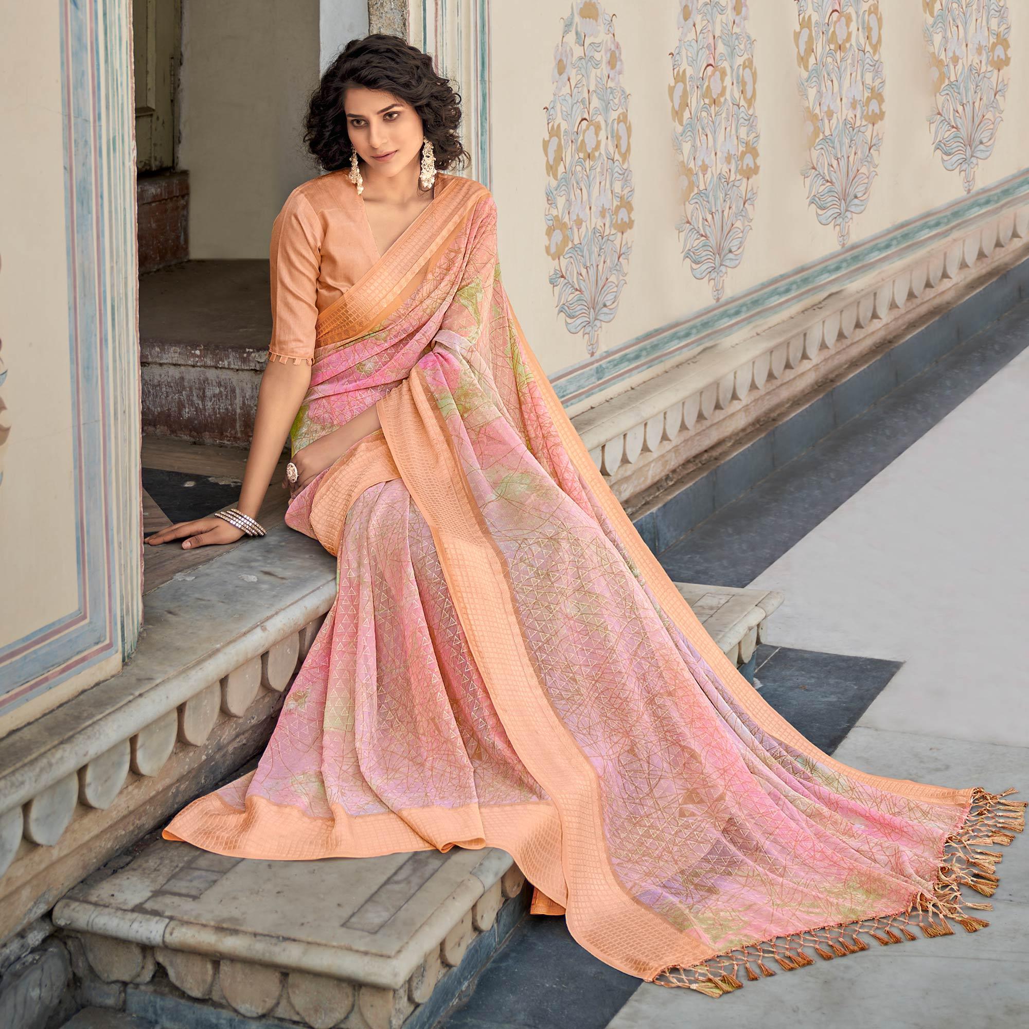 Pink Printed Georgette Saree With Tassels - Peachmode
