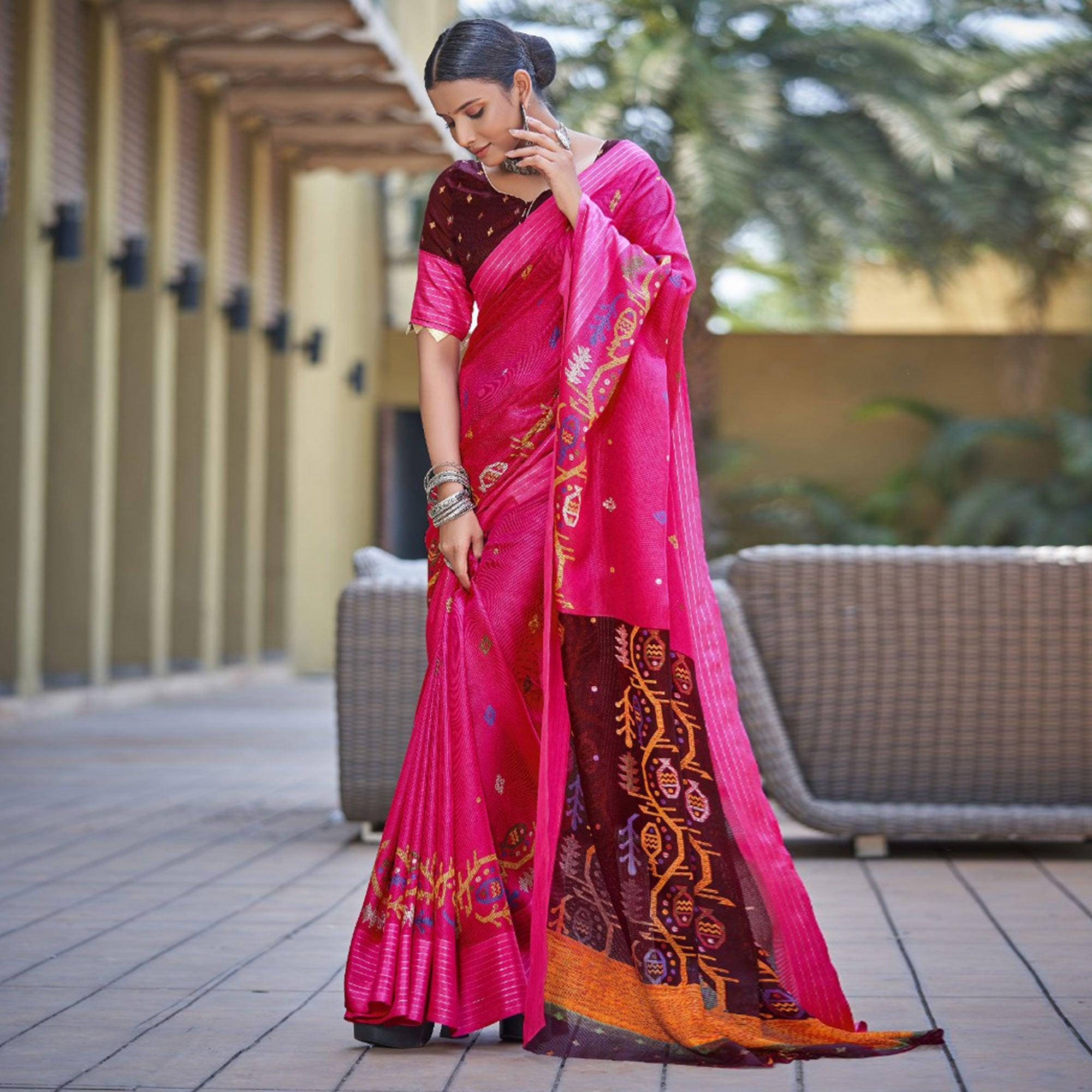 Pink Printed Jute Saree - Peachmode
