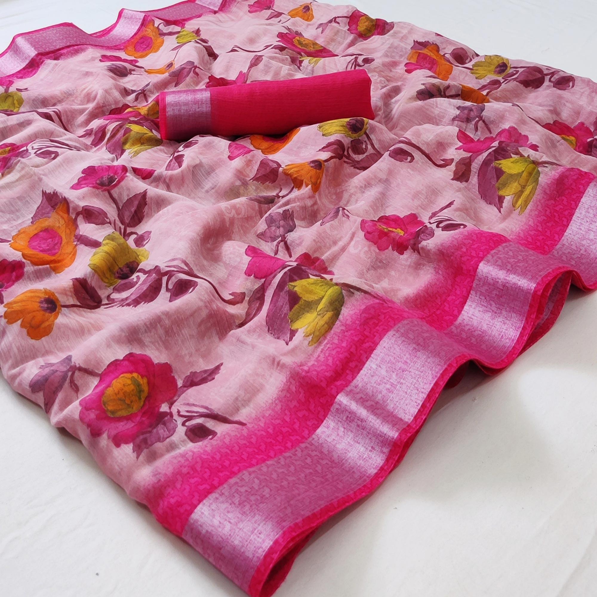Pink Printed Linen Saree - Peachmode