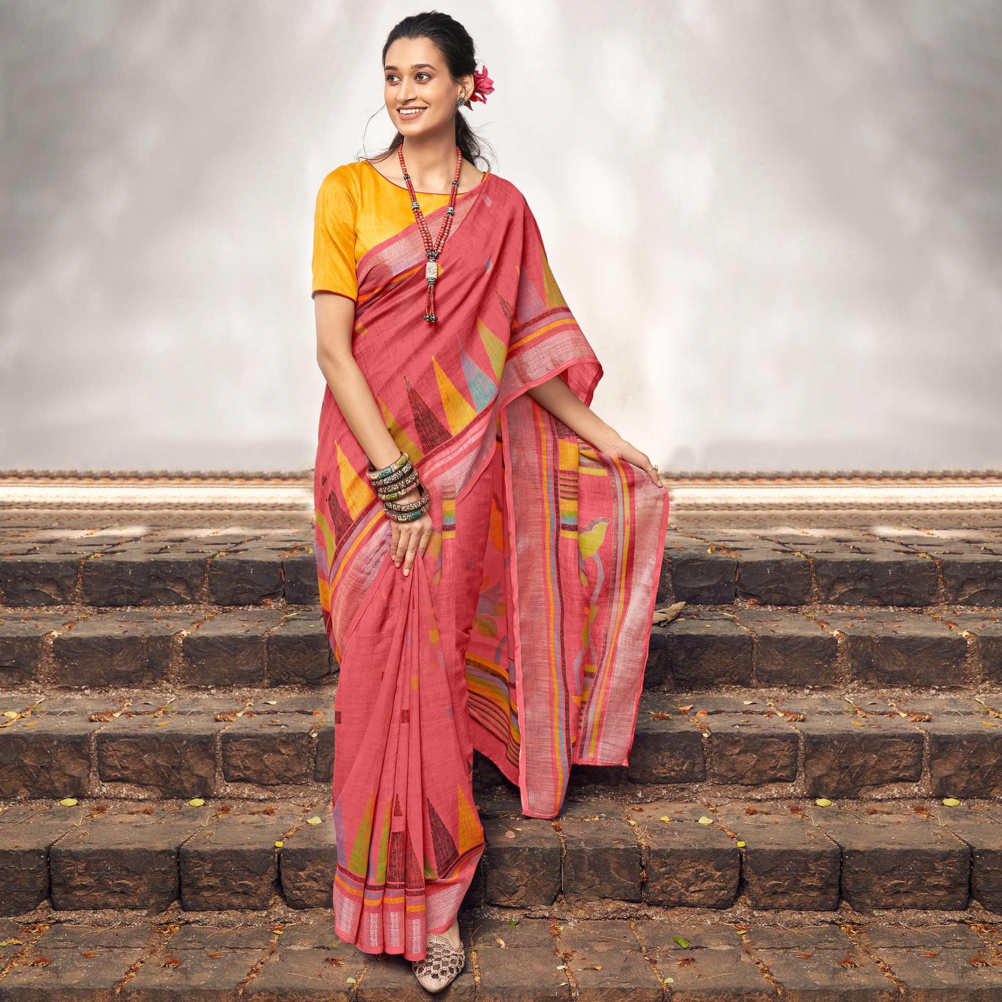 Pink Printed Linen Saree - Peachmode