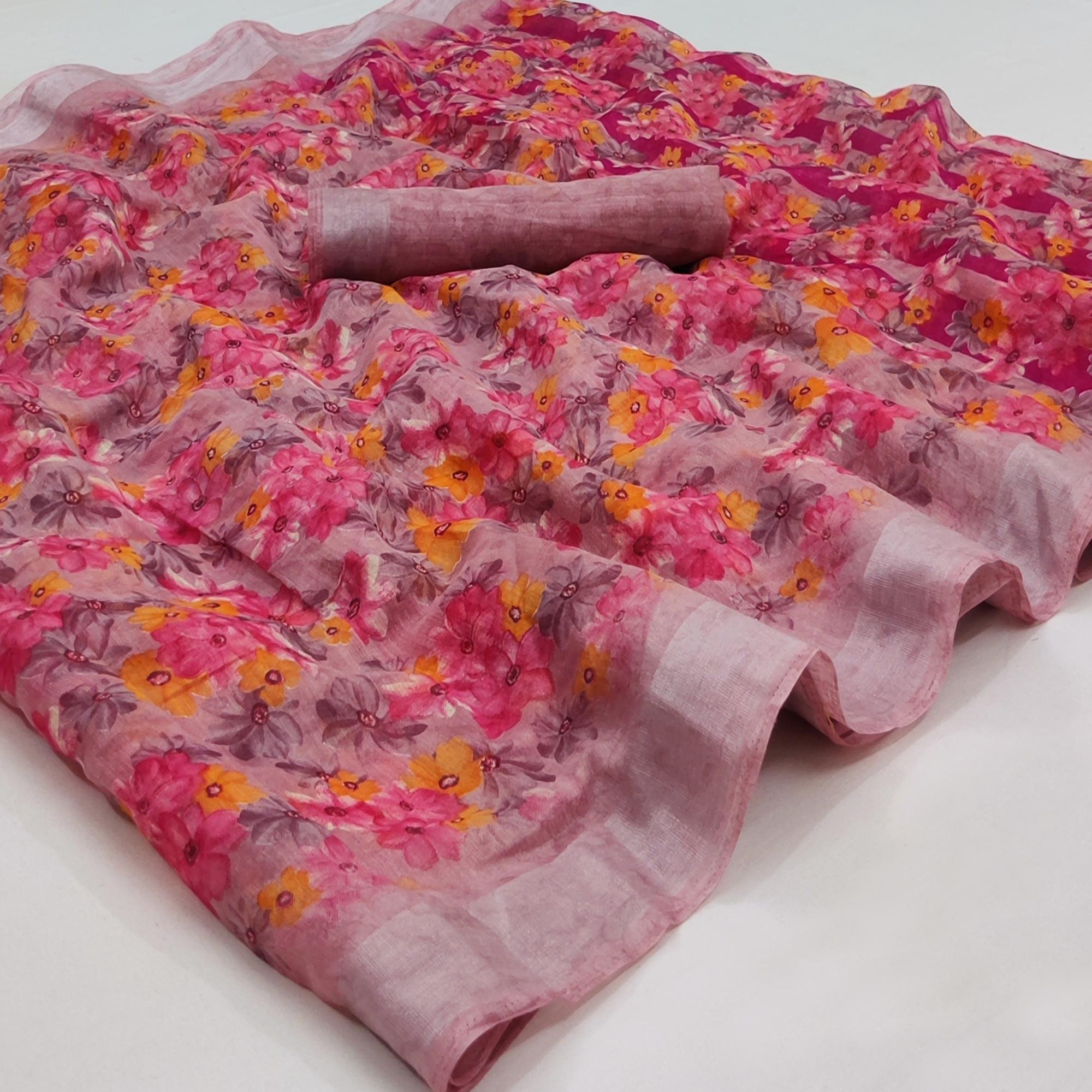 Pink Printed Linen Saree - Peachmode