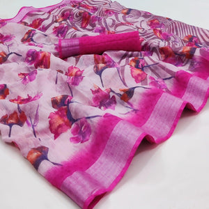 Pink Printed Linen Saree - Peachmode